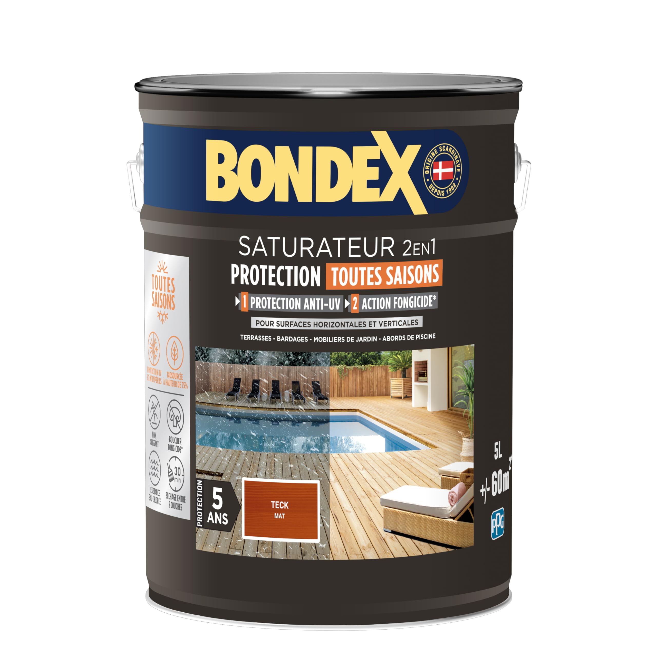 BONDEX - Saturateur Terrasse Bois Intérieur & Extérieur - Idéale pour Rénover, Décorer et Protéger - À Base d'Eau - Haute Protection - Anti-​UV, Anti-​Grisaillement - Mat - 5L - Teck