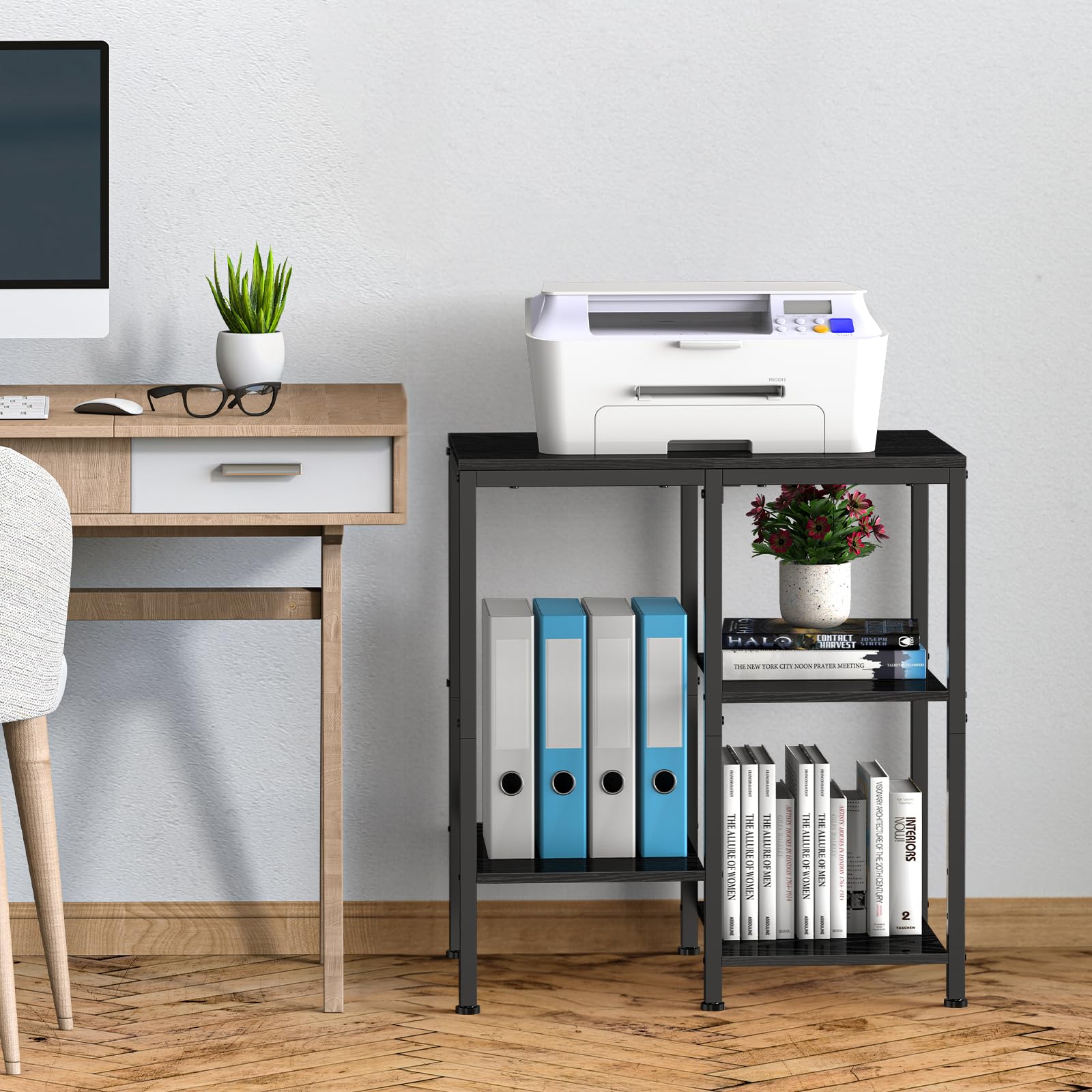 smusei Estantería Multifuncional de 4 Niveles, Estilo Minimalista, Negro, 66 x 40 x 60 cm, 4 Estantes Ajustables, 50 lbs de Capacidad, Incluye Hardware, Montaje en 30 Minutos
