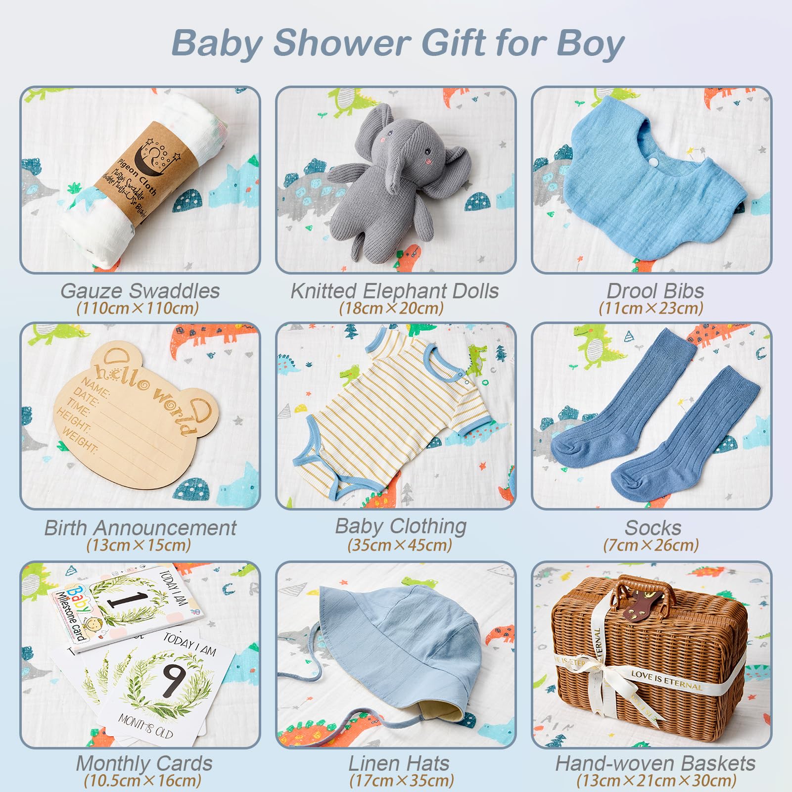 Regalo Nascita Bimbo con Body, Peluche Elefante, Mussola, Bavaglino, Cappello, Calzini, Cesto in Bambù Intrecciato, Set Regalo Neonato Nascita Regalo Baby Shower Bimbo (Cesto in Bambù)