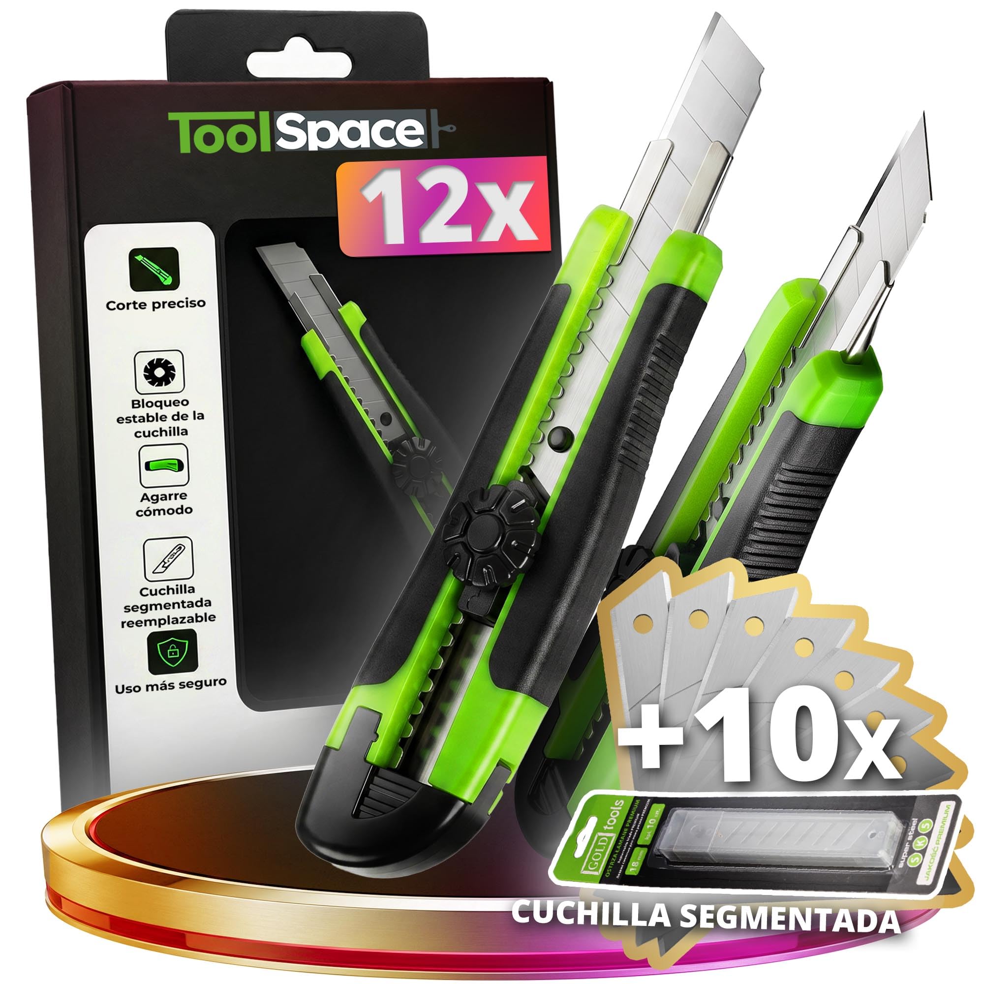 ToolSpace 12x Cúter Profesional 18 mm Con 22x Cuchillas SK5 Cuchilla Segmentada Mango Antideslizante Guía Metálica Cortador Para Cartón Papel Pintado Moqueta Plástico Bricolaje Taller Obra Pro Robusto