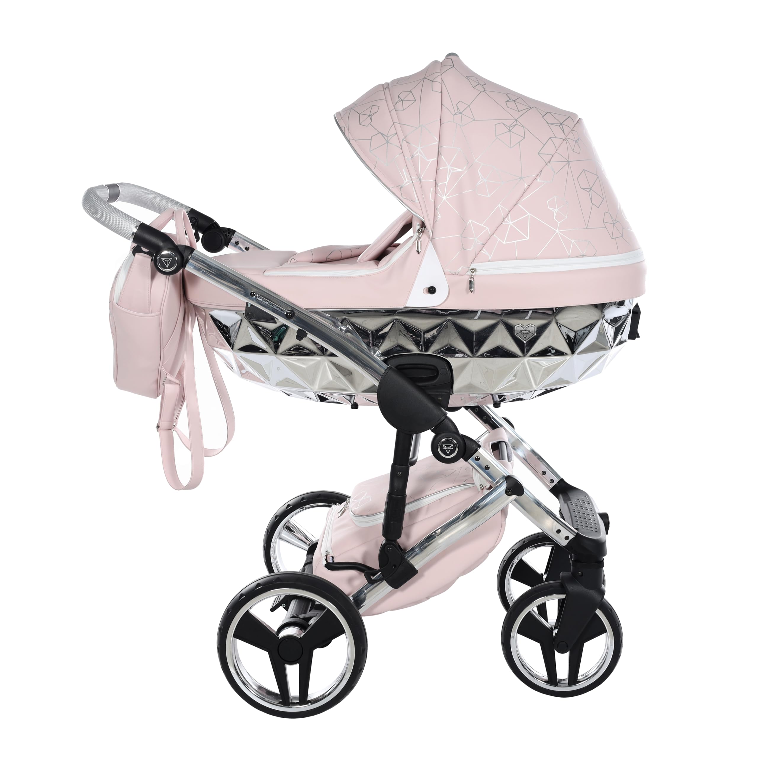 Junama Diamond Heart 06 Rosa y Plateado Cochecito de Bebé 2 en 1, 3 en 1, 4 en 1 + Sombrilla para Carrito (3 en 1 con silla de auto)