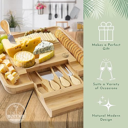 Miniatura 3 de Juego de tabla de queso de bambú y 4 cuchillos, tabla de charcutería con cuchillos, plato grande de charcutería de 13 pulgadas y bandeja para