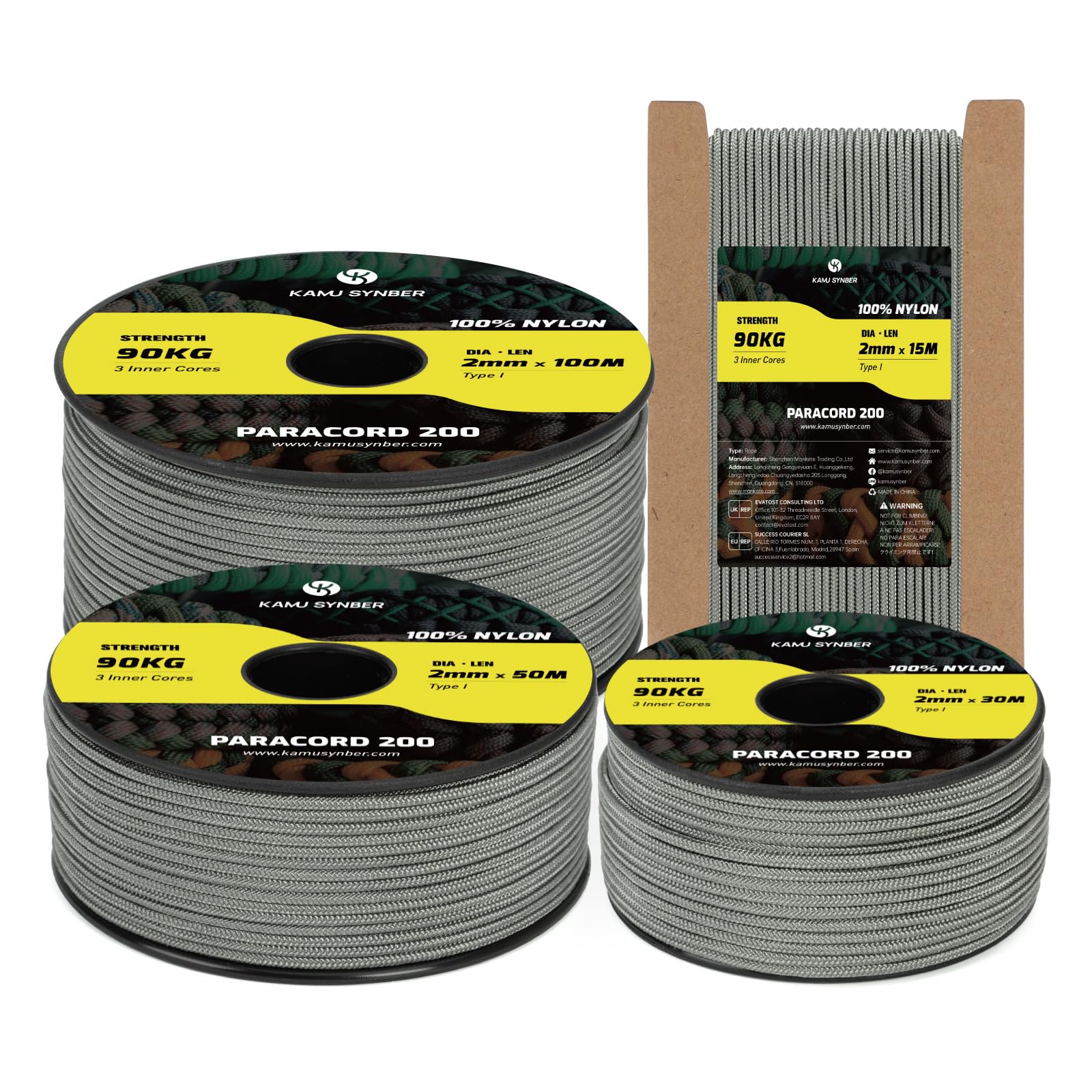 Kamu Synber Paracord 2mm 3 Strands 50M 100% Nylon Rope Type I Parachute Cord for Craft, Outdoor, DIY, Camping | Support 90kg | Charcoal Grey