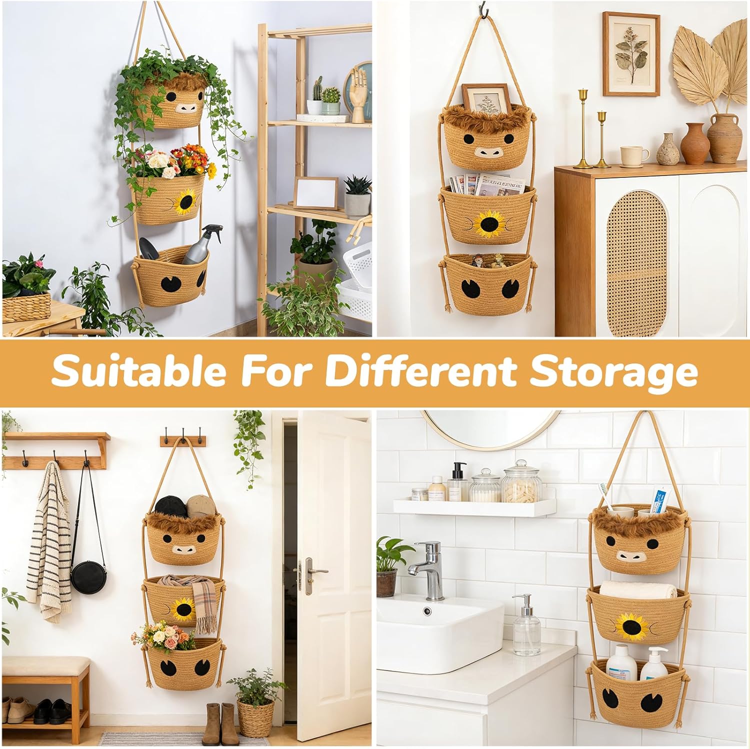 3 Tier Hanging Highland Cow Fruit Basket-Woven Cotton Wall Basket, Hanging Oval Produce Over Door Decorative Vegetable Gift Storage 0rganizer Bin for Kitchen, Bedroom, Bathroom, Nursery