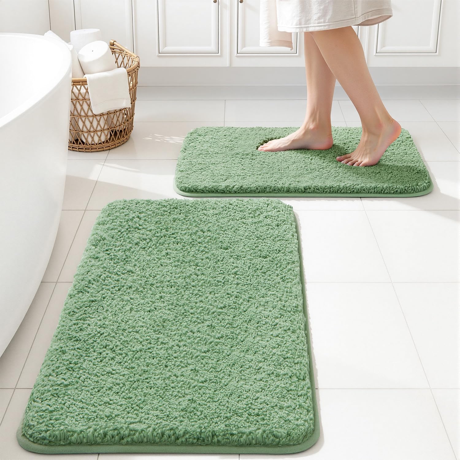 Photo 1 of MIULEE Sage Green Bathroom Rugs Set 2 Piece, Soft Absorbent Microfiber Bath Mat Set, Non Slip Quick Dry Machine Washable Plush Shaggy Bath Rugs for Bathroom Floor, Tub and Shower, 16x24 inches