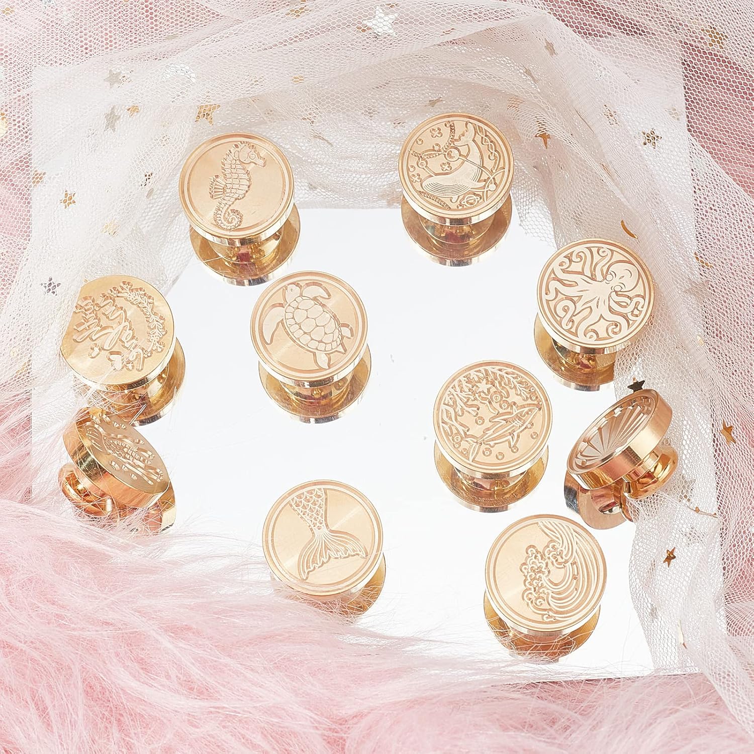 CRASPIRE 10Pcs/Box Ocean Sea Animal Wax Seal Stamp Kit Whale Seahorse Turtle Shell 25mm Brass Sealing Stamps Removable Heads 2Pcs Wood Handles for DIY Scrapbooking Invitation Gift WrapWine Envelopes