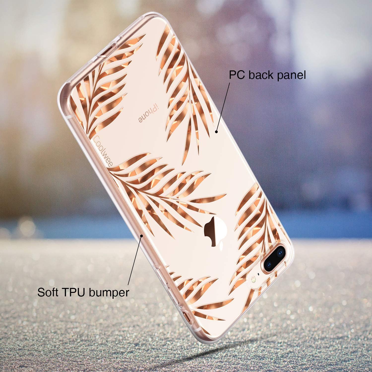 COOLWEE iPhone 7 Plus Case,Clear iPhone 8 Plus Case Rose Gold Floral Shiny Glitter Foil Thin Cool Slim Flower Protective Soft TPU Bumper for Apple iPhone 7 Plus 8 Plus 5.5 inch (Spackle Series) Leaves