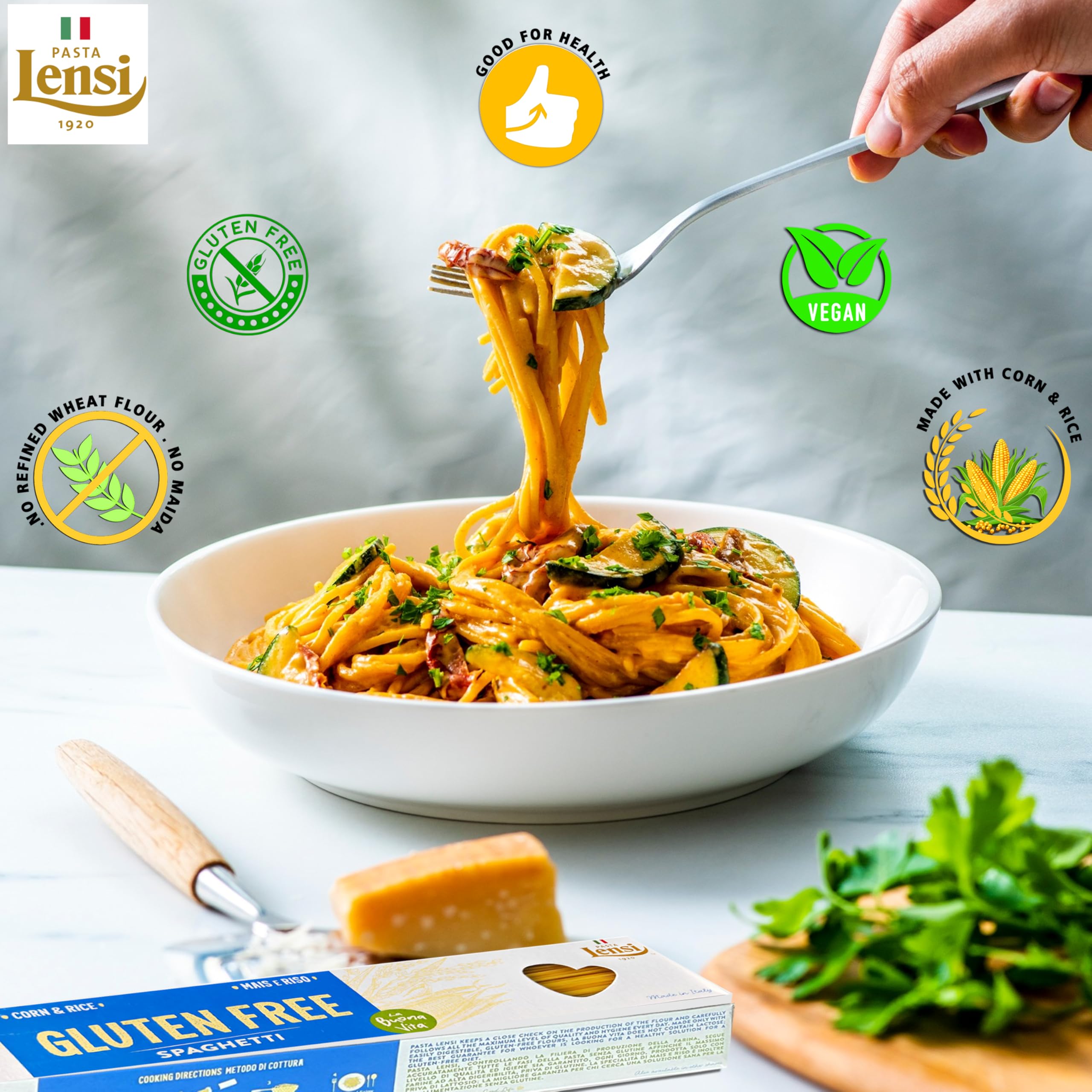 Lensi Corn & Rice Gluten-Free Spaghetti Pasta 400g| Product of Italy| Non GMO Ingredients|Corn & Rice Pasta|8-10 Mins Cooking Time - Image 6 thumbnail