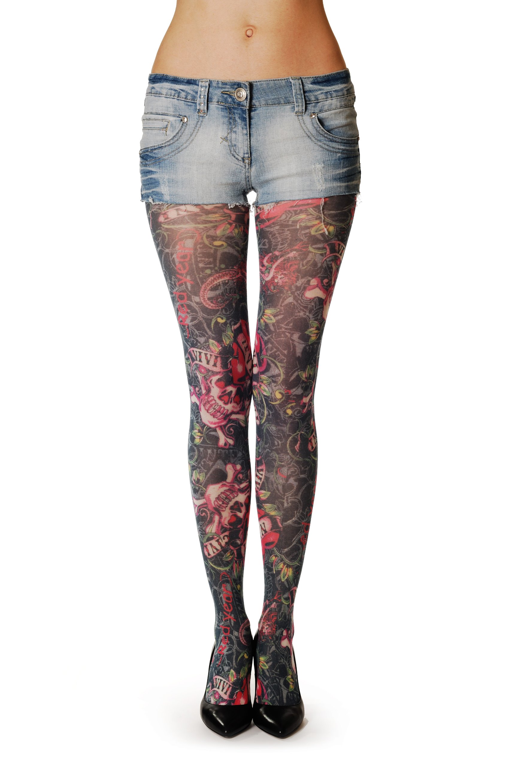 LissKiss Viva Skull - Multicoloured Printed Tattoo Opaque Tights