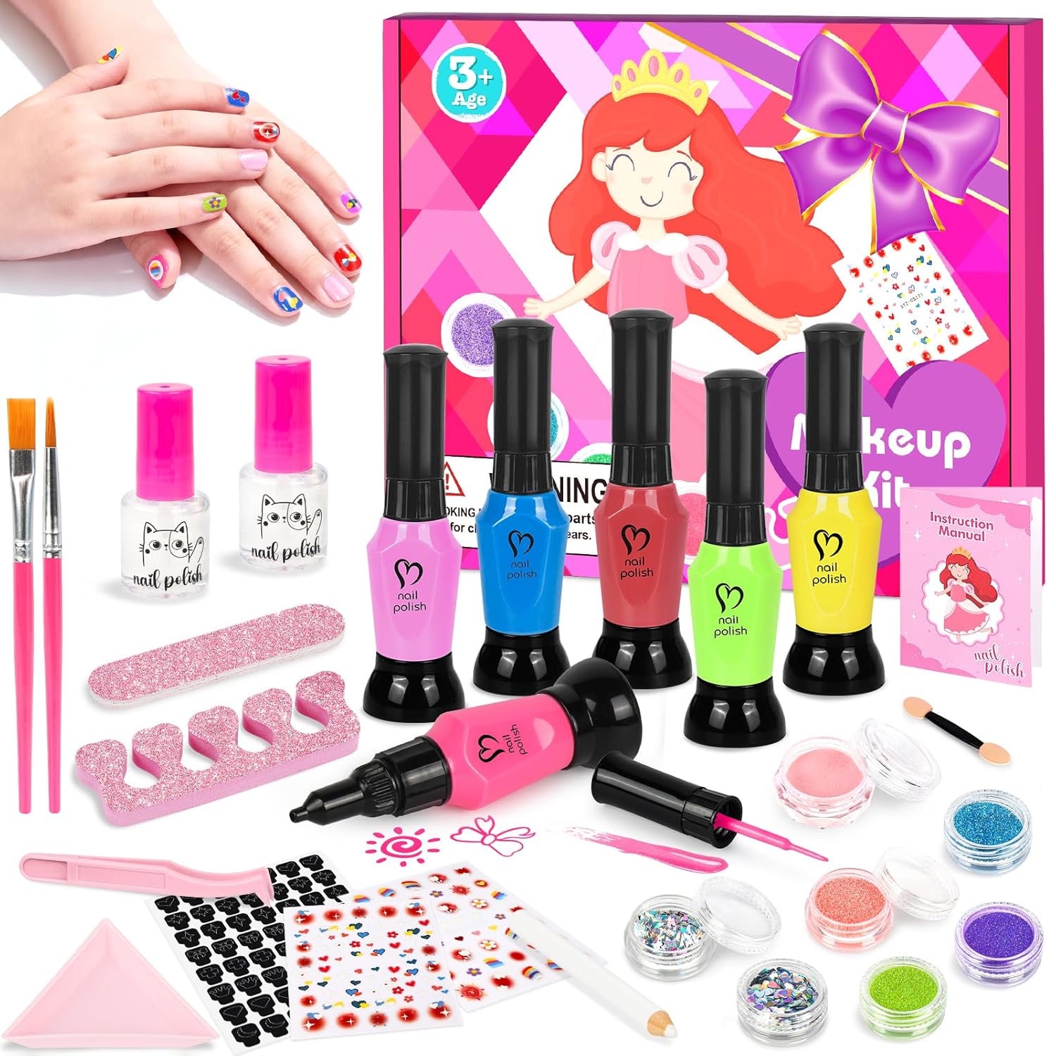 Kids Nail Polish Set for Girls, Peelable Non Toxic Nail Polish with Nail Powder & DIY Nail Stickers, Water-Based Nail Art Kit, Gift Set and Girls Toys Age 8+
