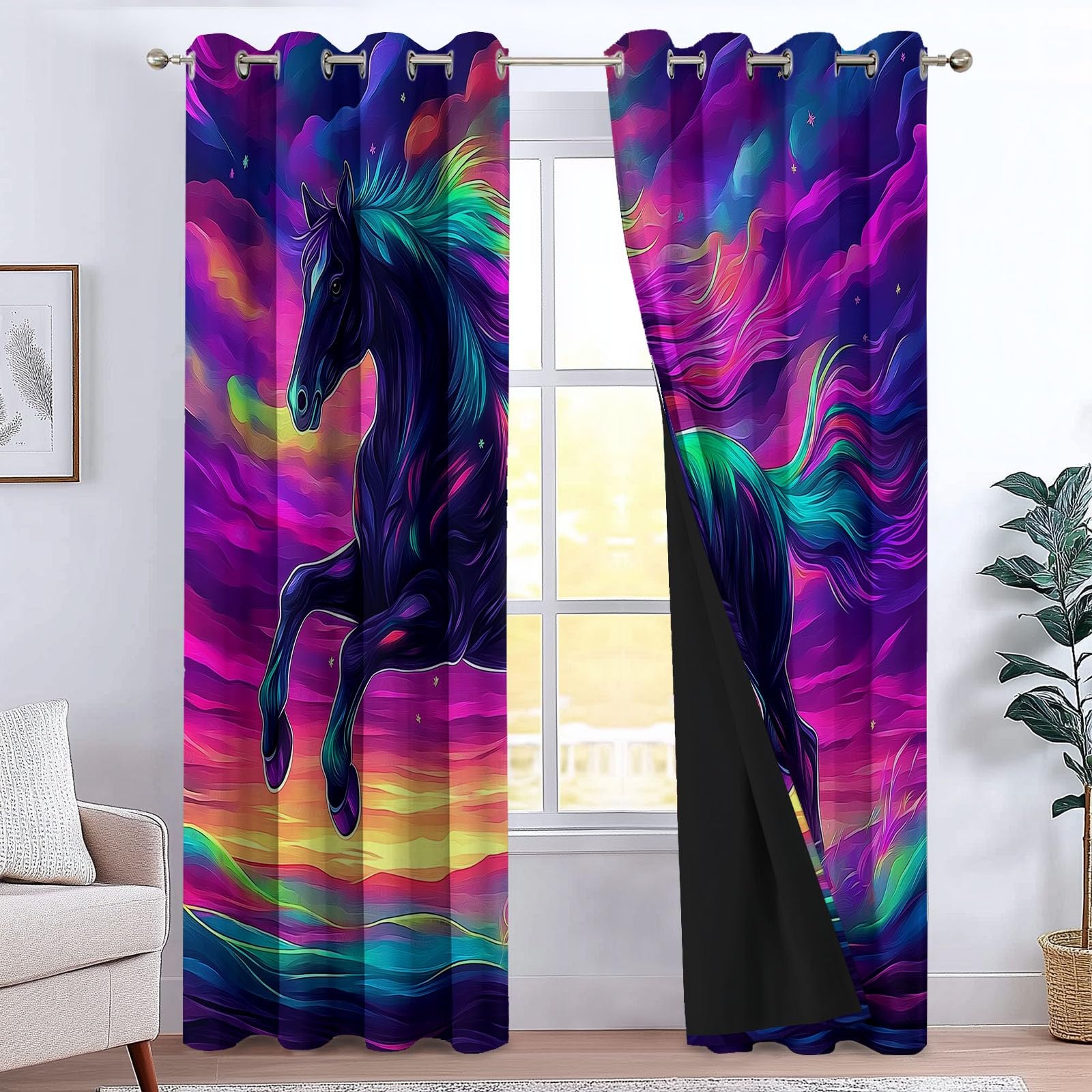 Rideaux occultants chevaux violet L140xH225 cm lot de 2 pour chambre enfant
