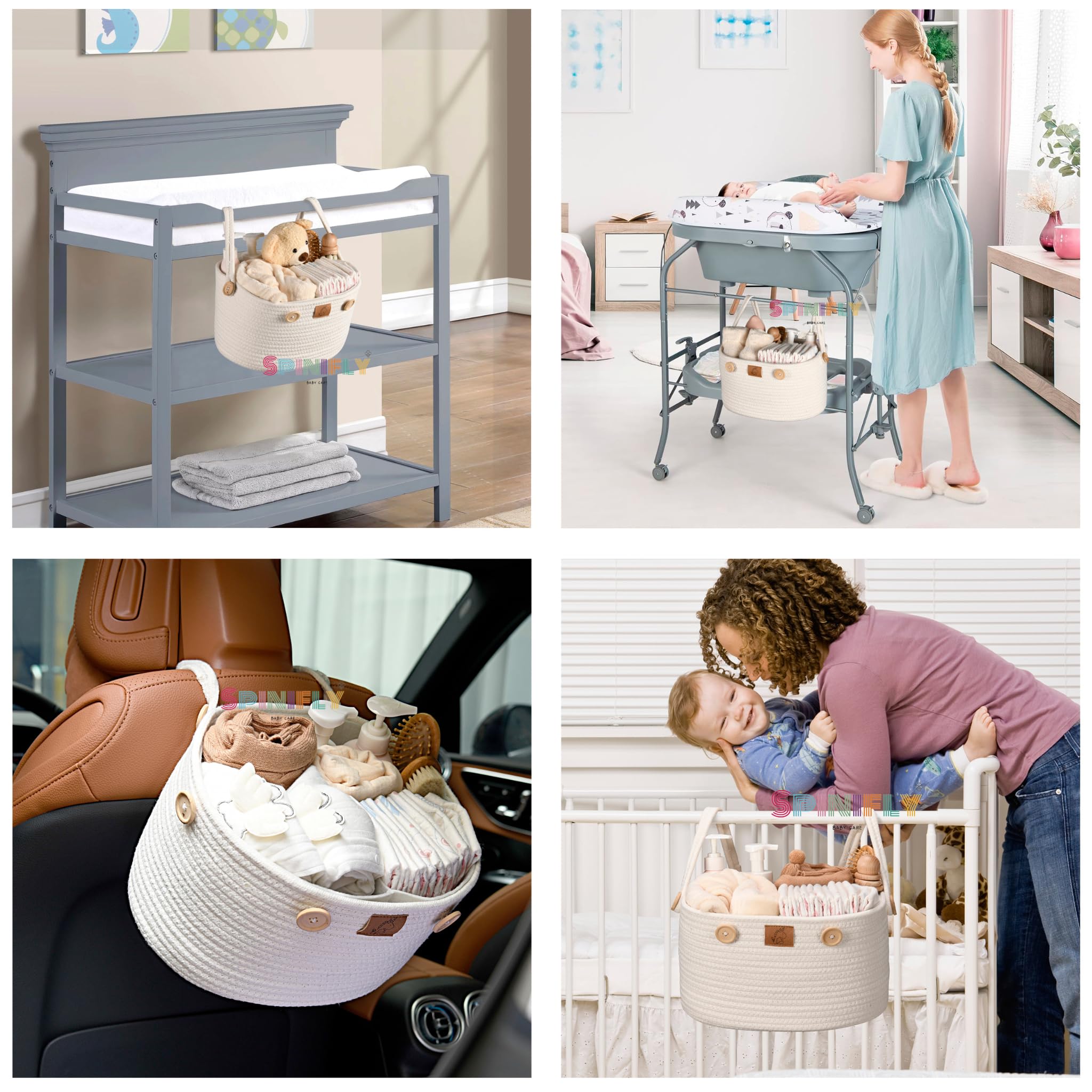 Wickel-Caddy zum Aufhängen, abnehmbare, vielseitige Griffe, 2-lagige Aufbewahrung, Kinderzimmer-Hängekorb für Kinderwagen, Kinderbett, Wickeltisch, Baumwollseil-Organizer für Baby-Utensilien Baby