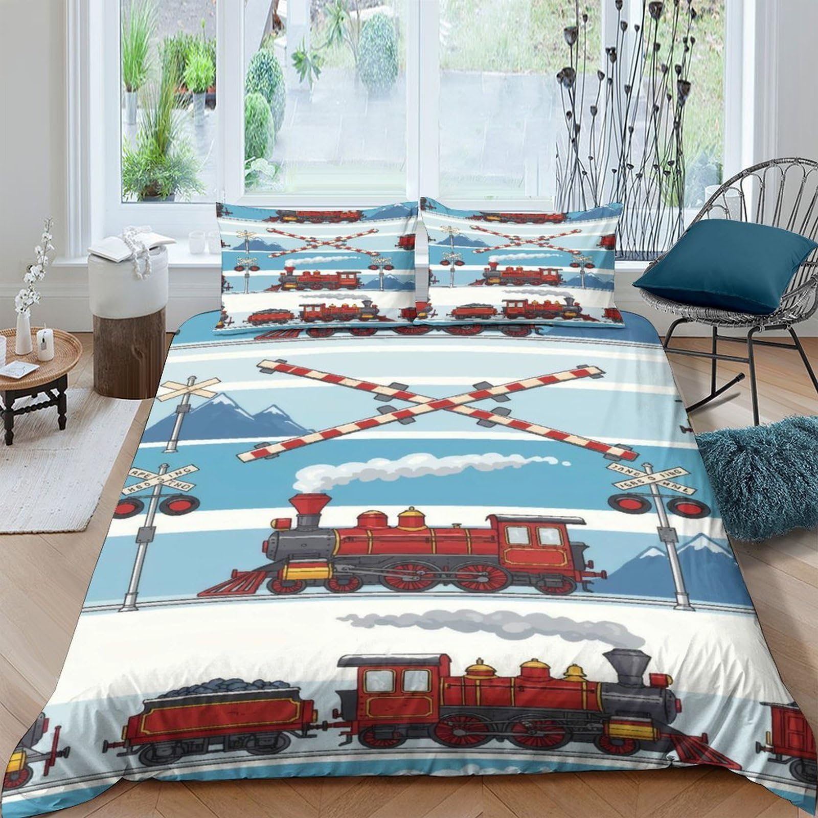 Ctjqhvkz Style-3 3D Printed Red Steam Train Fitted Sheet Microfiber Durable Breathable Railway Track Bed Cover For Bedroom Dorm Decor Single（135X200cm）