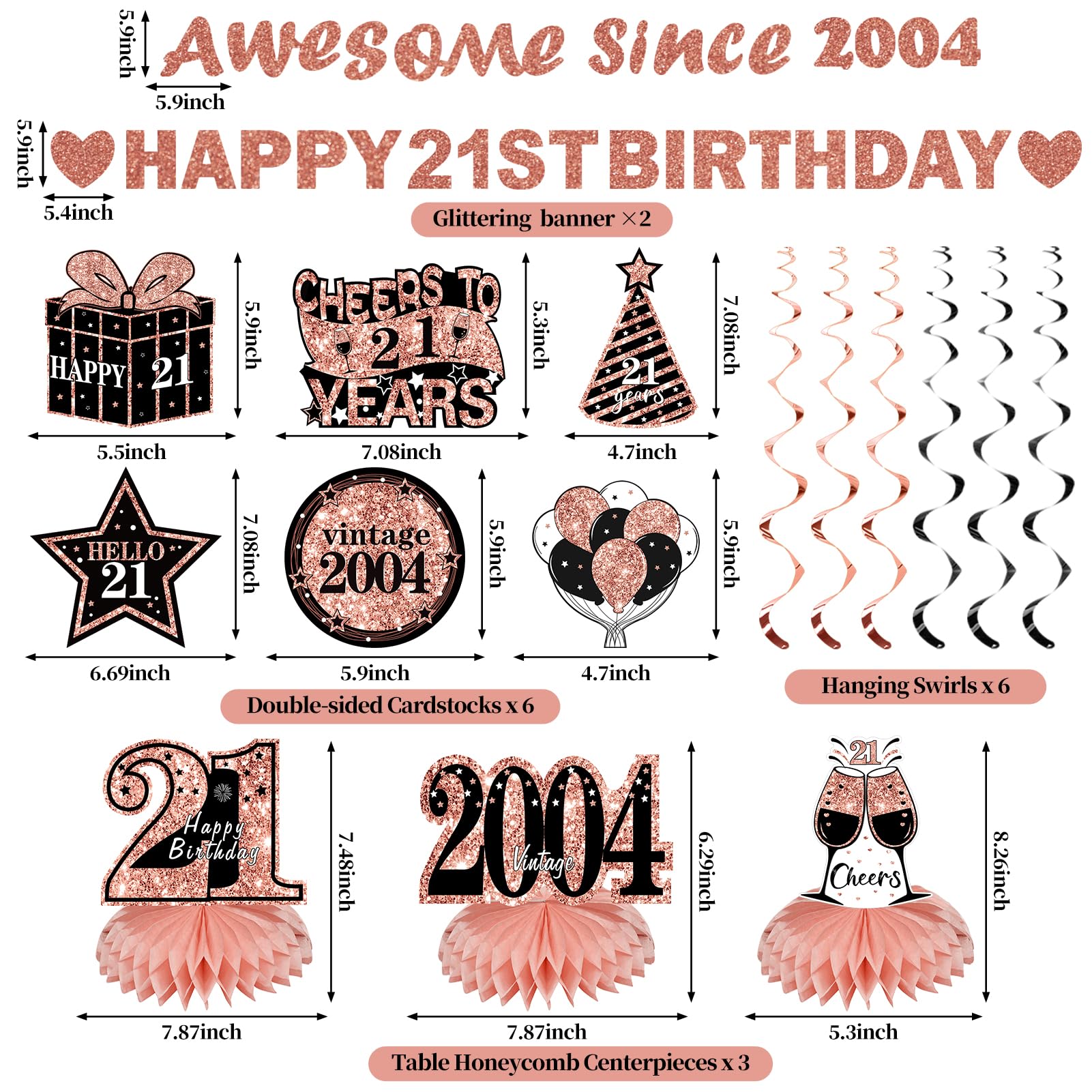 Kuxriox 11Pcs 21st Birthday Decorations Kit for Women, Rose Gold Happy 21st Birthday Banner, Awesome Since 2004 Centerpieces Swirls Party Supplies, Twenty-One Bday Banner Ceiling Table Topper Sign