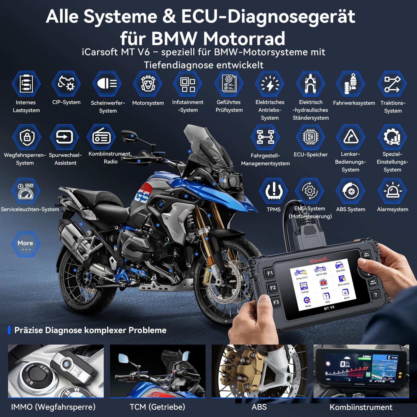 iCarsoft Motorrad OBD2 Diagnosegerät Bidirektional Passend für BMW mit ABS Bleeding, Throttle, Alle Systeme Motorrad-Diagnosetool, Multisystem-Diagnosecodeleser, mit Hot Reset Funktionen, Datenstrom