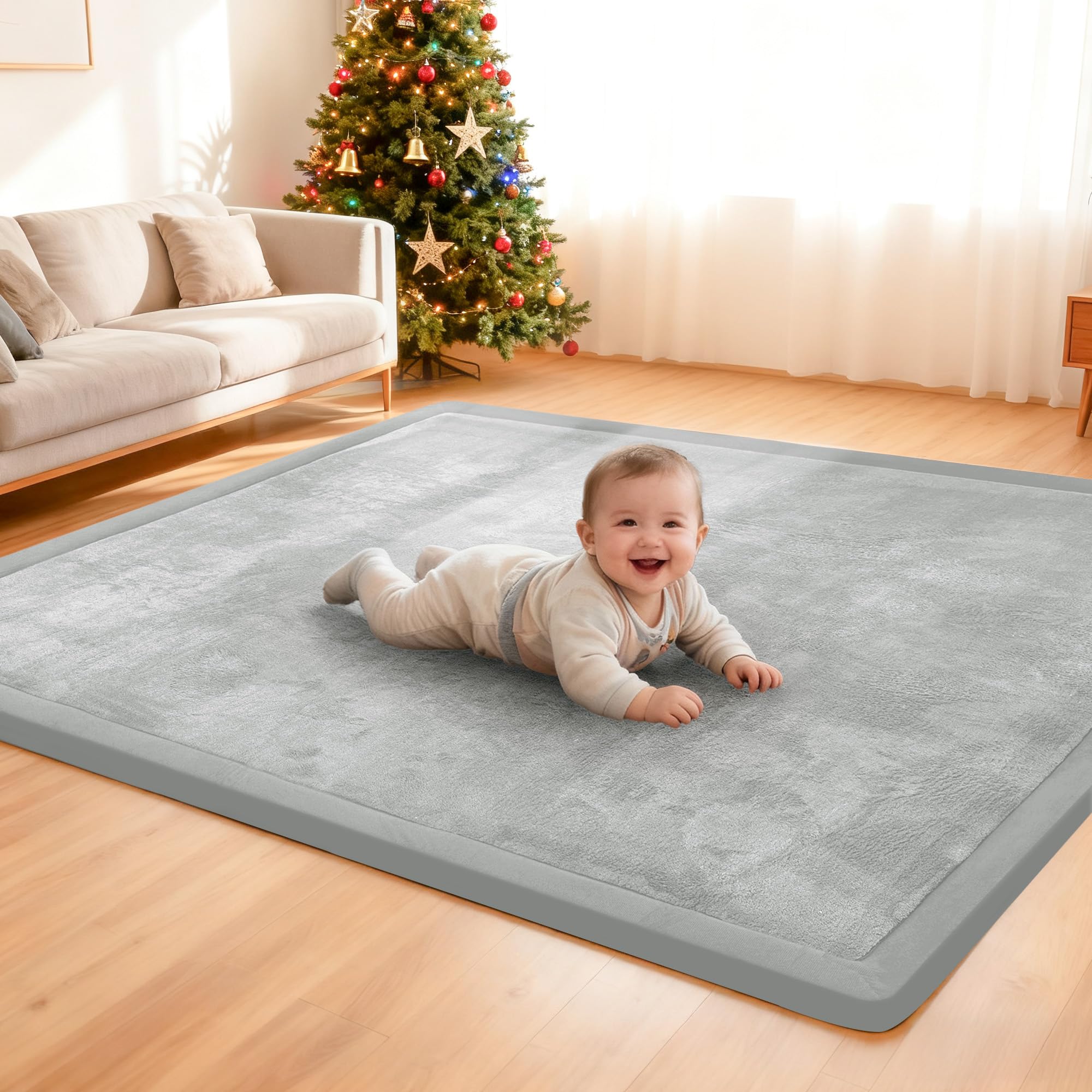 ACOMOPACK Baby Play Mat, 3.5CM Thick Memory Foam Crawling Mat, Coral Velvet Activity Rug for Tummy Time, Non-Slip Nursery Floor Mat for Toddlers, Infants, Kids (100×150cm,Beige) — view 10