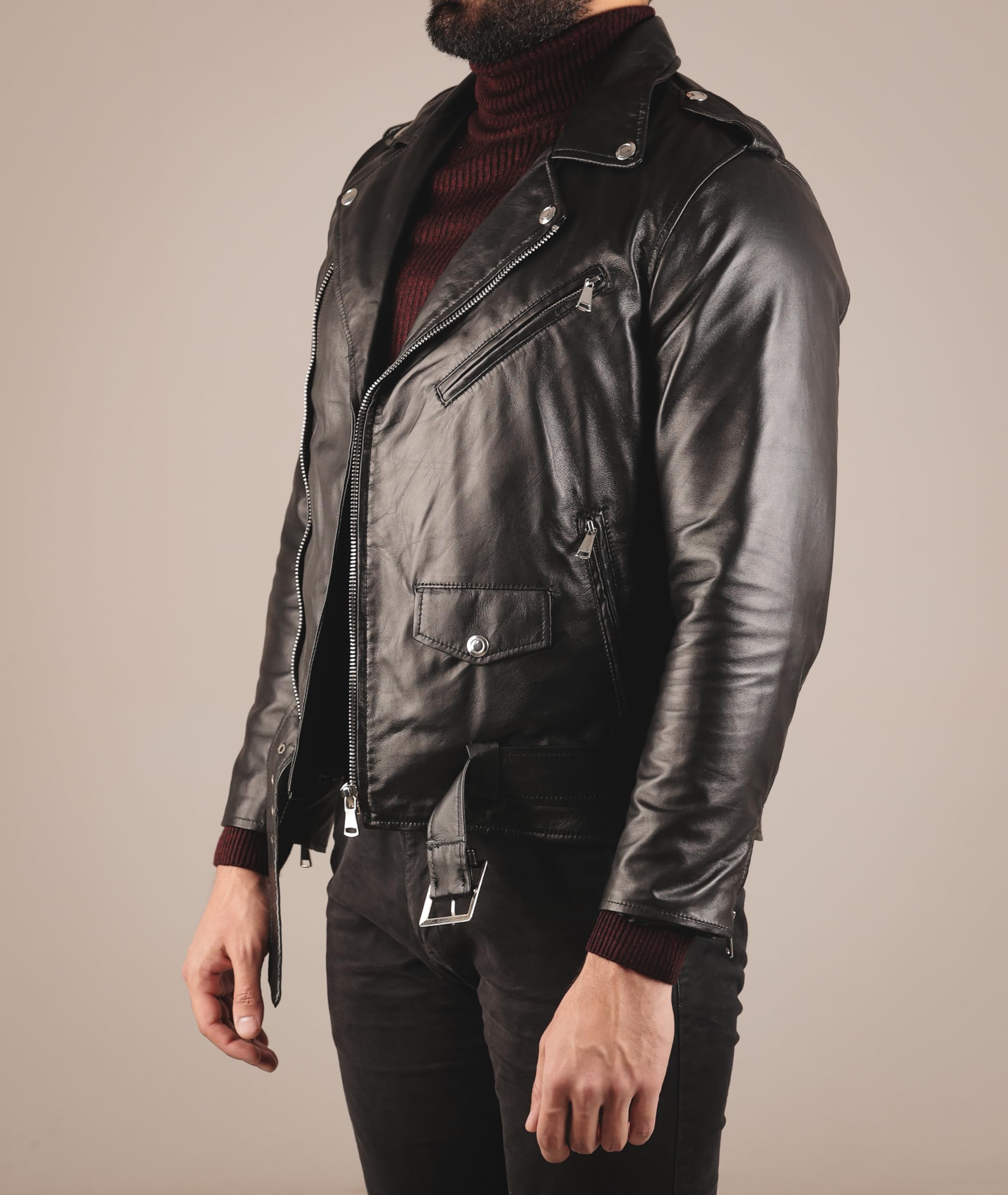 Tanning Arts Leather Jacket – Men's Black Bomber Biker Jacket | Sheepskin Motorcycle Style with Zippers & Polyester Lining