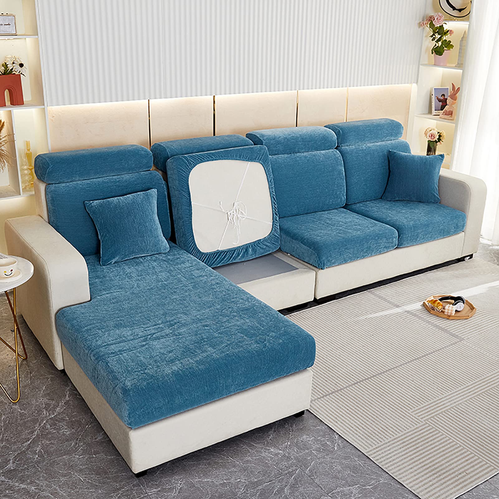 GEBIN Sofa Cushion Covers, High Stretch Chenille Sofa Seat Slipcovers, Couch Cushion Cover Replacement Fitted Washable Sofa Cushion Covers Furniture Protector Cover (Blue,Large 2-seater)