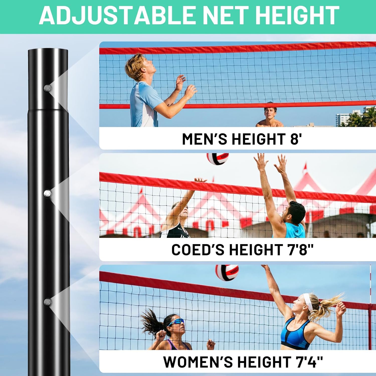 Portable Volleyball Net Set, 32FT Outdoor Volleyball Net for Backyard & Beach, Adjustable Height Volleyball Net with Anti-Sag Winch, Complete Volleyball Set with Ball & Accessories