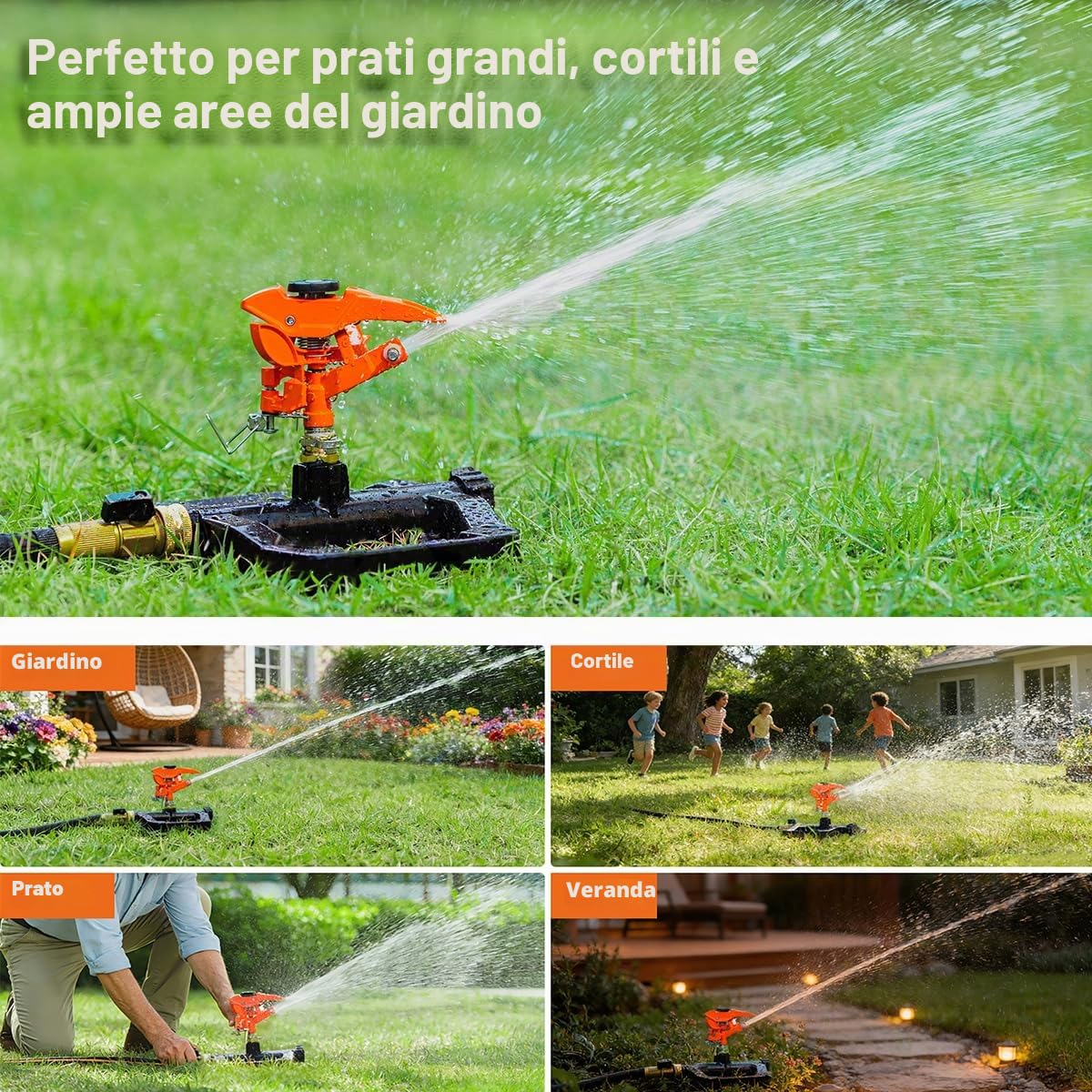 FANHAO Irrigatore a Impulsi ad alta Resistenza per Cortile, Base 100% Metallo con Irrigatori per prato Rotanti a 360 Gradi, Irrigatore Regolabile da Giardino per Grandi Area, Copertura fino a 540 m²
