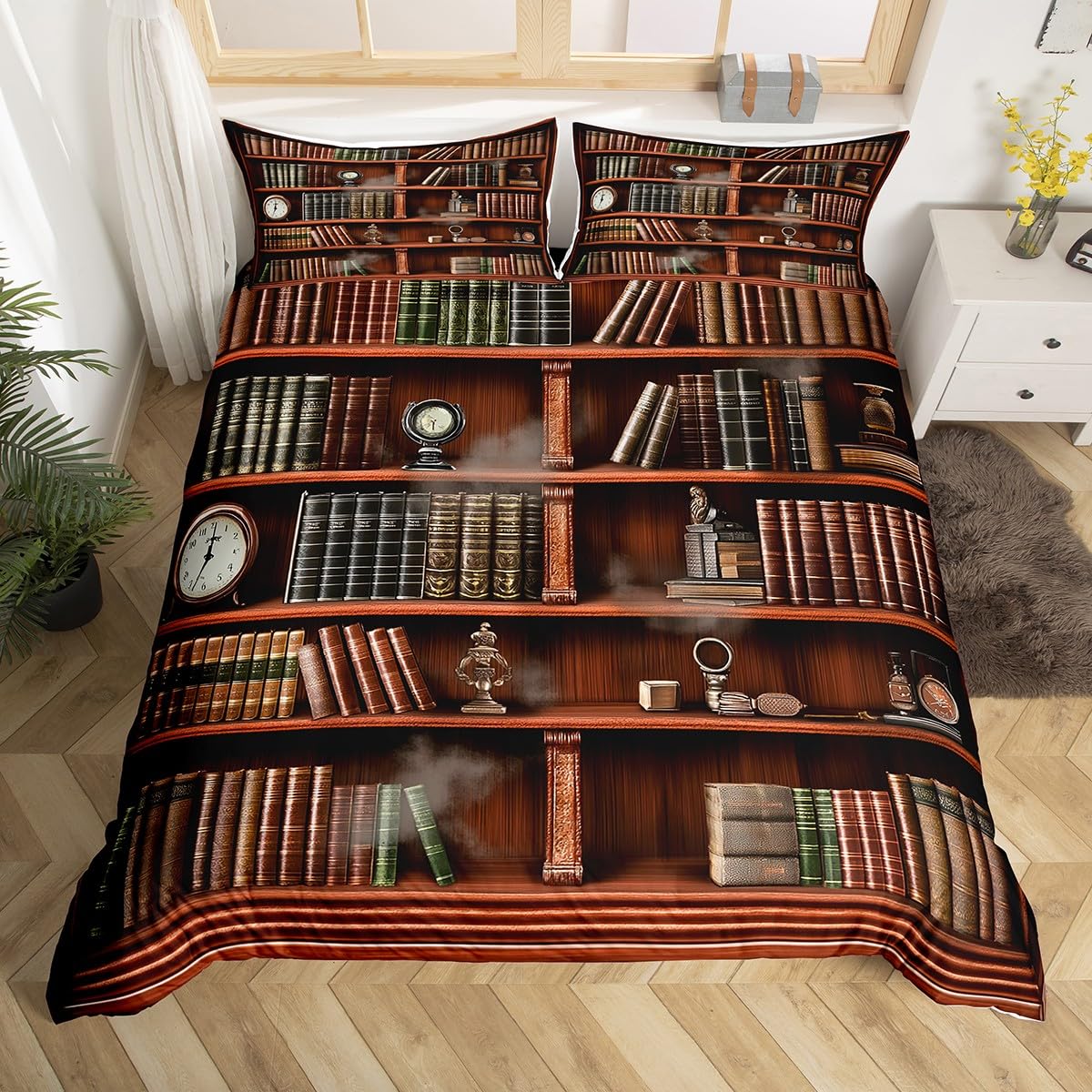 Loussiesd Library Bookcase Duvet Cover All Season Retro Bookshelf Academic Collection Bedding Set Vintage Library Books Kids Single Bedclothes Bedroom Decor Comforter Cover Breathable โ image 1