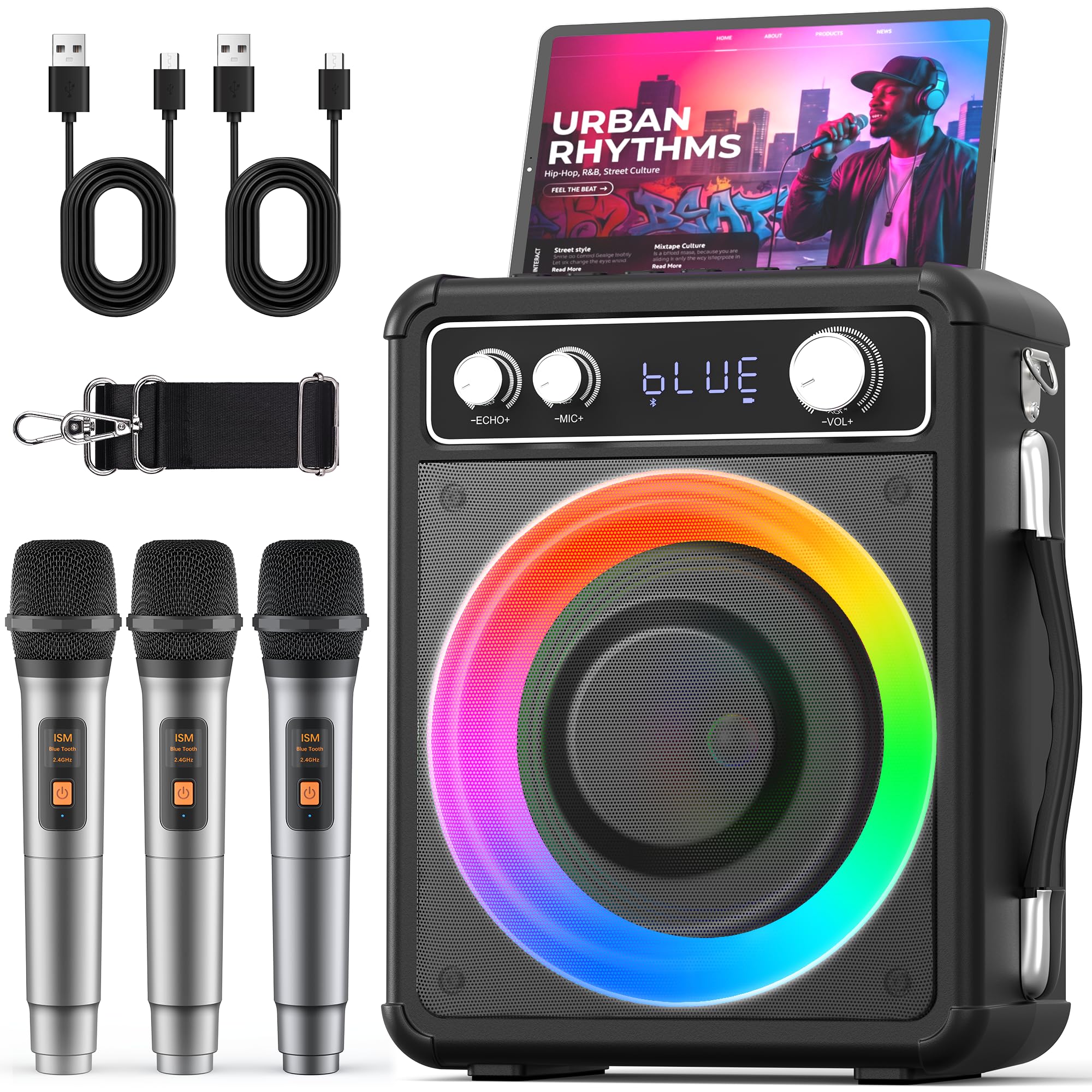 Photo 1 of VOSOCO Karaoke Machine with 3 Wireless Rechargeable Microphones, Portable Bluetooth Speaker for Adults Kids, PA Systems Support TWS Echo Adjust TF USB AUX for Home Party Outdoor Travel