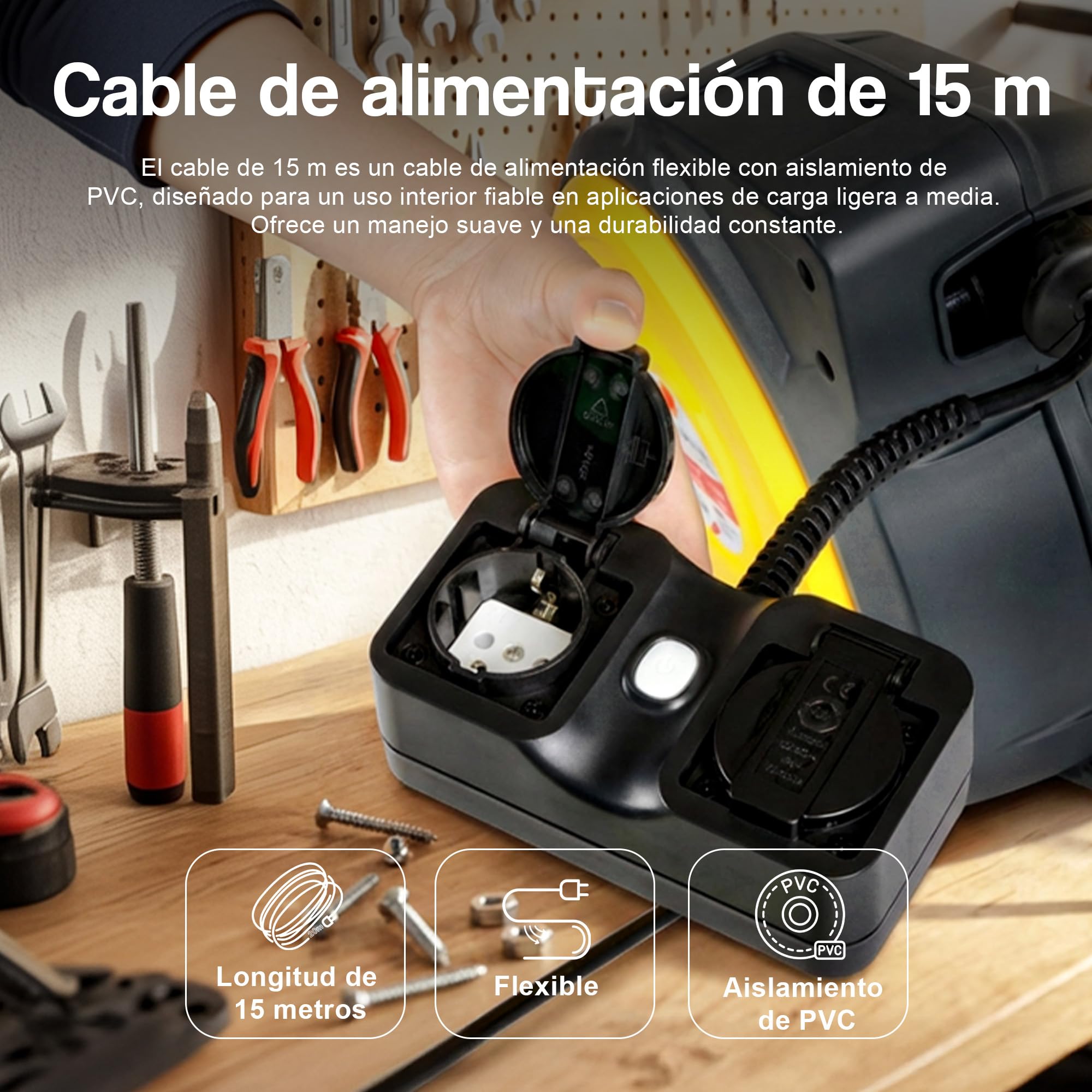 G Carrete de cable eléctrico automático 1,5 mm² × 15 m – Carrete retráctil inteligente con soporte giratorio para taller, garaje y jardín