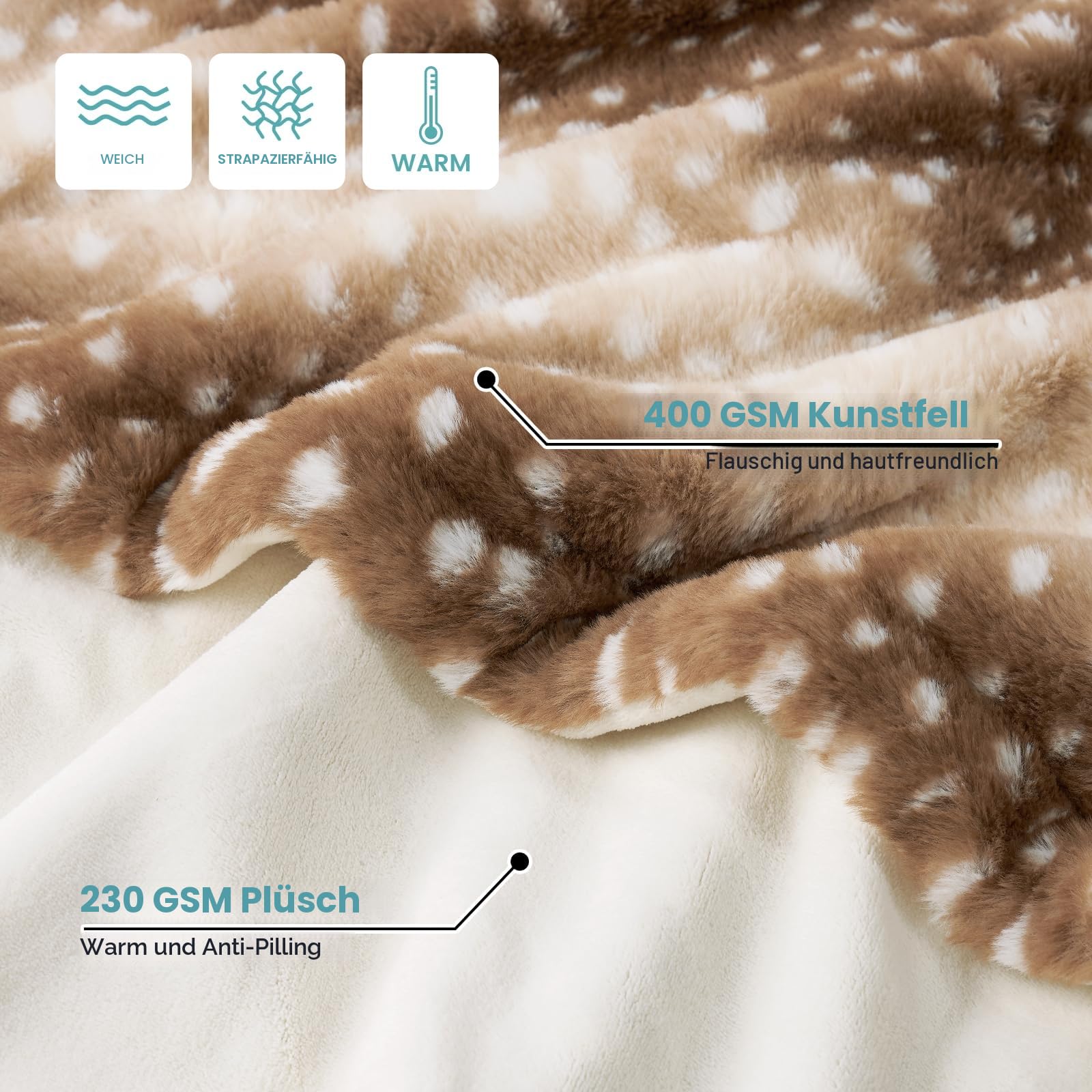 COZY KISS Kunstfell Decke mit Hirsch-Print, Weiches wasserdichte Haustierdecke für Sofa, Bett & Couch, Sicher Geschützt vor Urin für Große Hunde & Katzen, Doppelseitig, Waschbar, 127x150cm, Braun