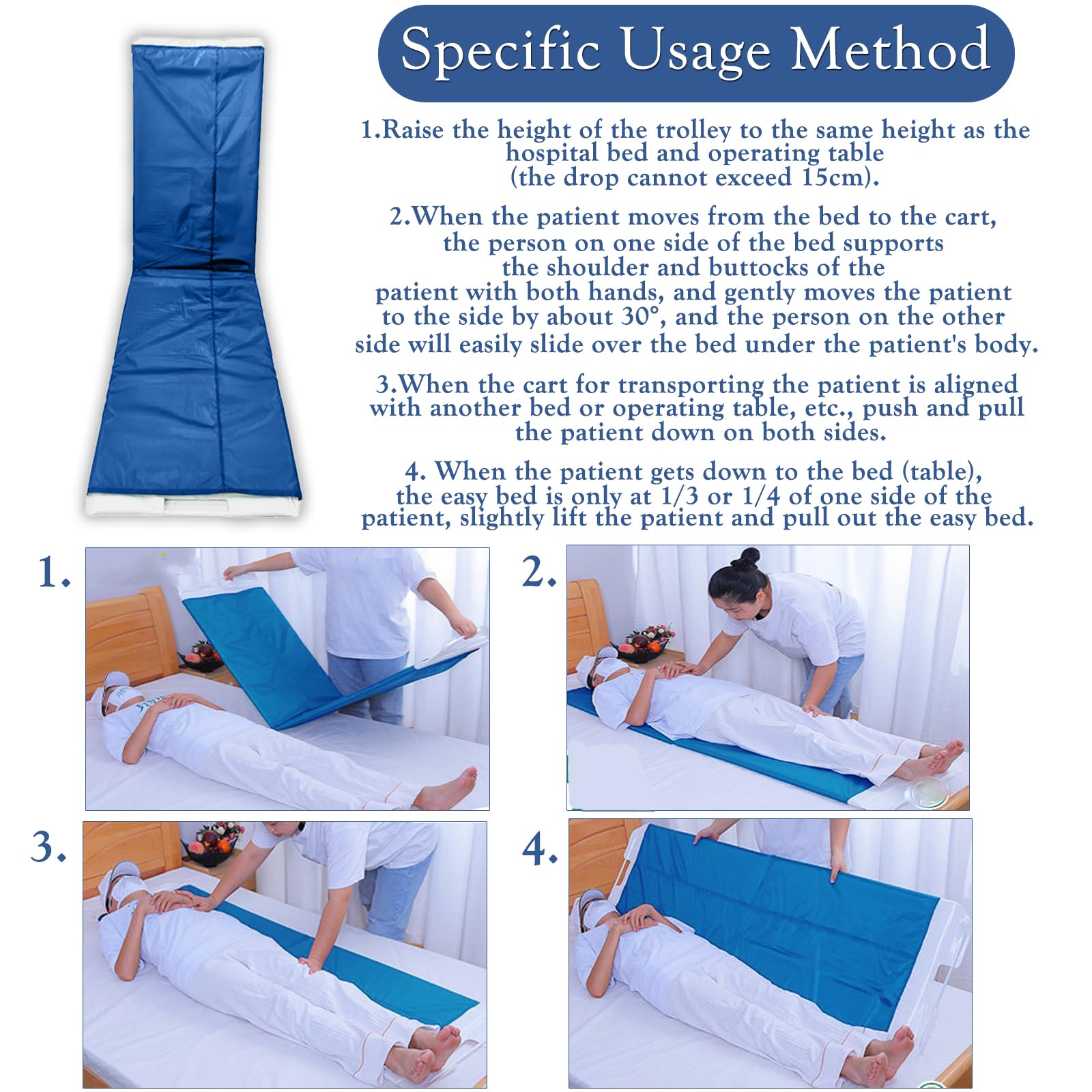 Tabla de transferencia de pacientes rodante, plegable, fácil de llevar, dispositivo de asistencia de hoja deslizante para traslados de cama a cama o mesa de operaciones, 67 x 19.7 pulgadas (azul)