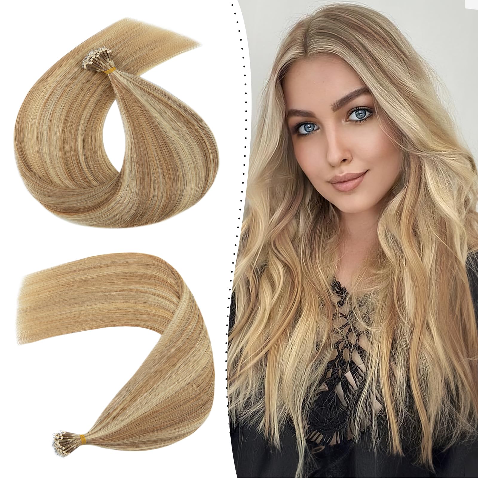 Silk-co Nano Ring Tip Hair Extensions Real Human Hair 24inch 1g/s Pre Bonded 50g Beads Bondings Cold Fushion #12P613 Golden Brown&Bleach Blonde With Nano Beads Cold Fusion 50 Strands