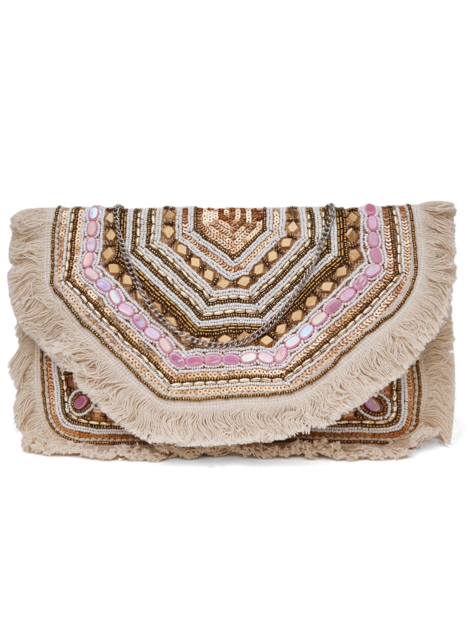fabbhue Women's Off White Boho Fringess Hand Embroidered Bridal/Party Clutch Purse Bag (SSFPL115)-picture-28