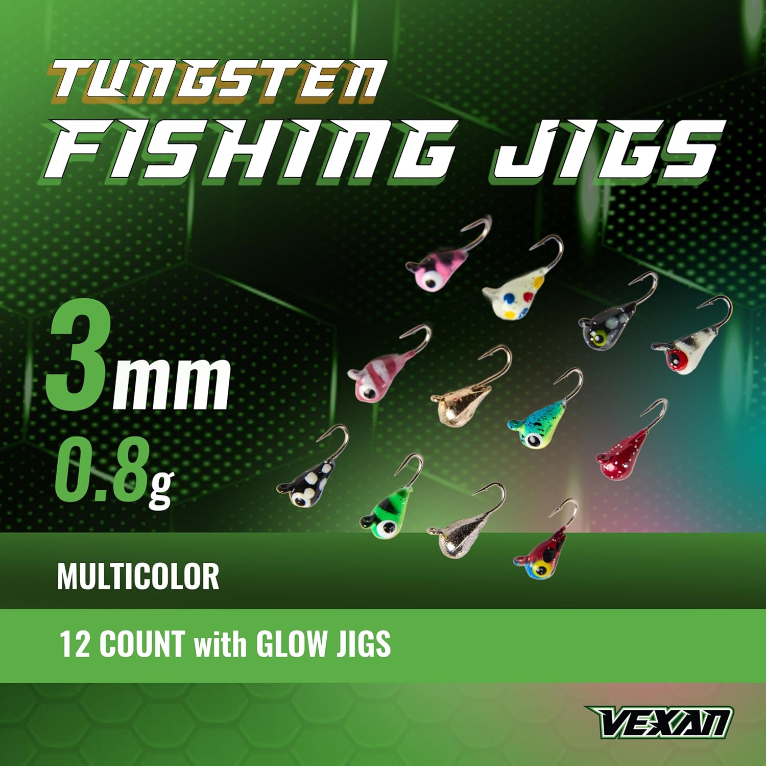 Vexan Ice Fishing Glow & Multi-Color Tungsten Jigs 12 PK Perch, Walleye, Panfish (3mm, 0.8g, #16 Hook)
