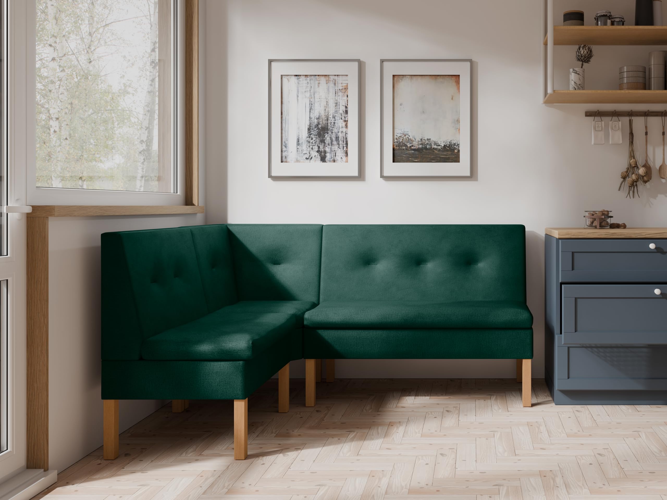 Eckbank fur Essizmmer - Eckbank Küche mit Aufbewahrungsbehälter - Modern Sitzecke Küche - Stoff Velours - gepolsterte Rückenlehne - Grün - Monolith 37-130x170 cm
