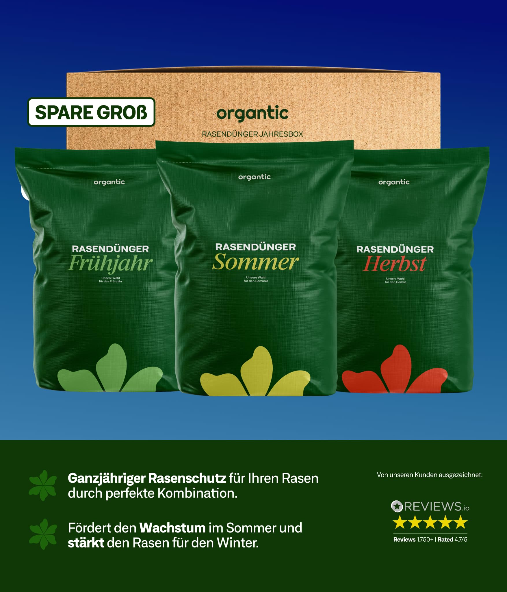 Organtic Rasendünger Frühjahr 20kg, Dünger verdrängt Moos, Ideal für Frühjahr und Sommer, geeignet für Streuwagen, staubarmes Granulat, Rasendünger, organtic