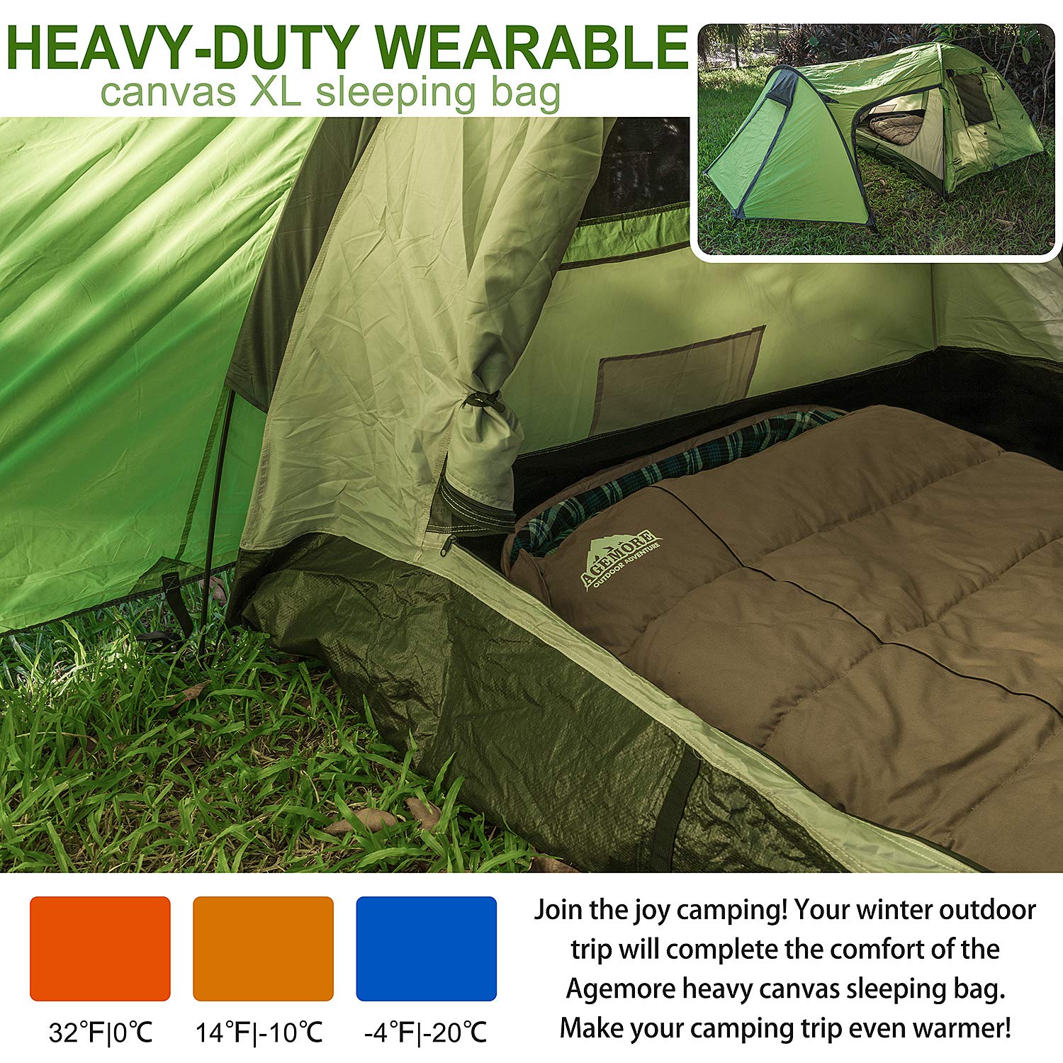 0 Grad Canvas Winterschlafsack für Angeln, Jagd, Reisen und Camping, besonders im kalten Winter im Freien mit herausnehmbarem Flanellfutter und Kompressionstasche