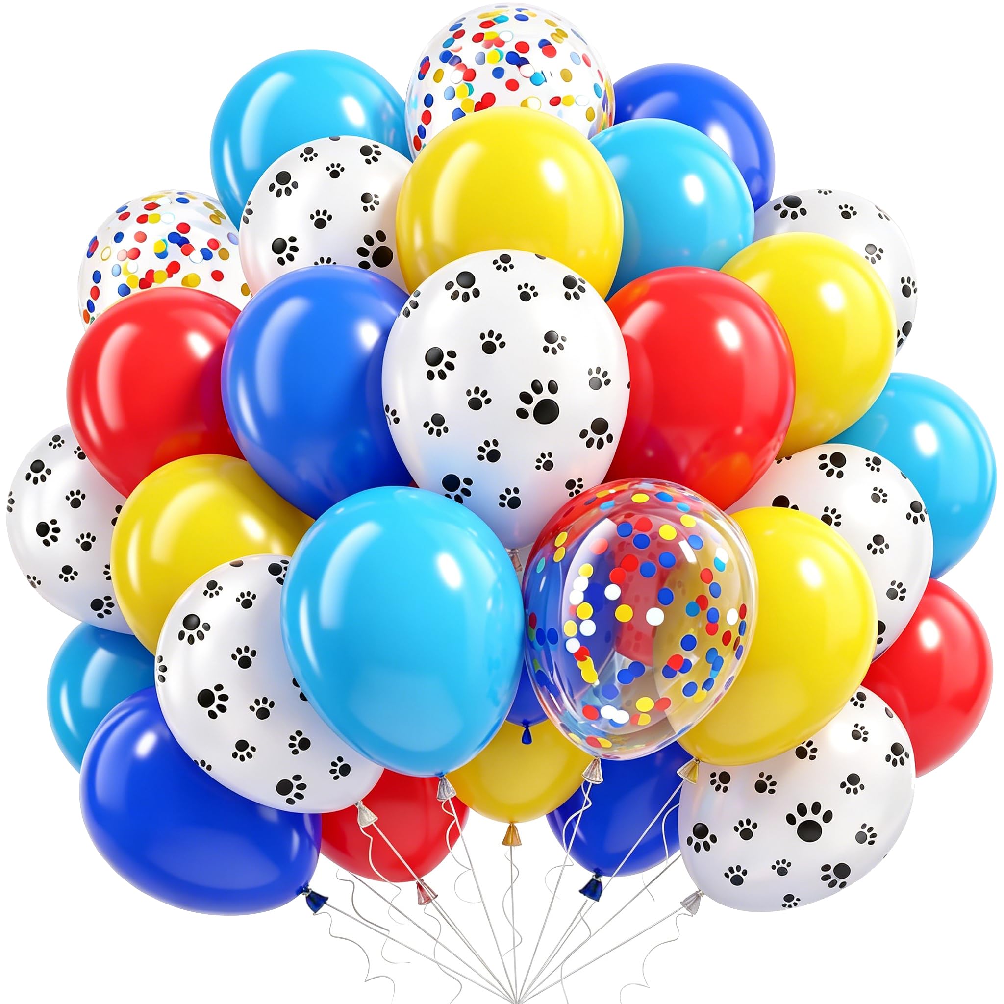 Dog Paw Balloons, 60Pcs Dog Paw Print Latex Birthday Balloons, 12 Inch Royal Blue Red Yellow Helium Balloon With Metallic Confetti Balloon For Puppy Theme Party Dogs Birthday Baby Shower