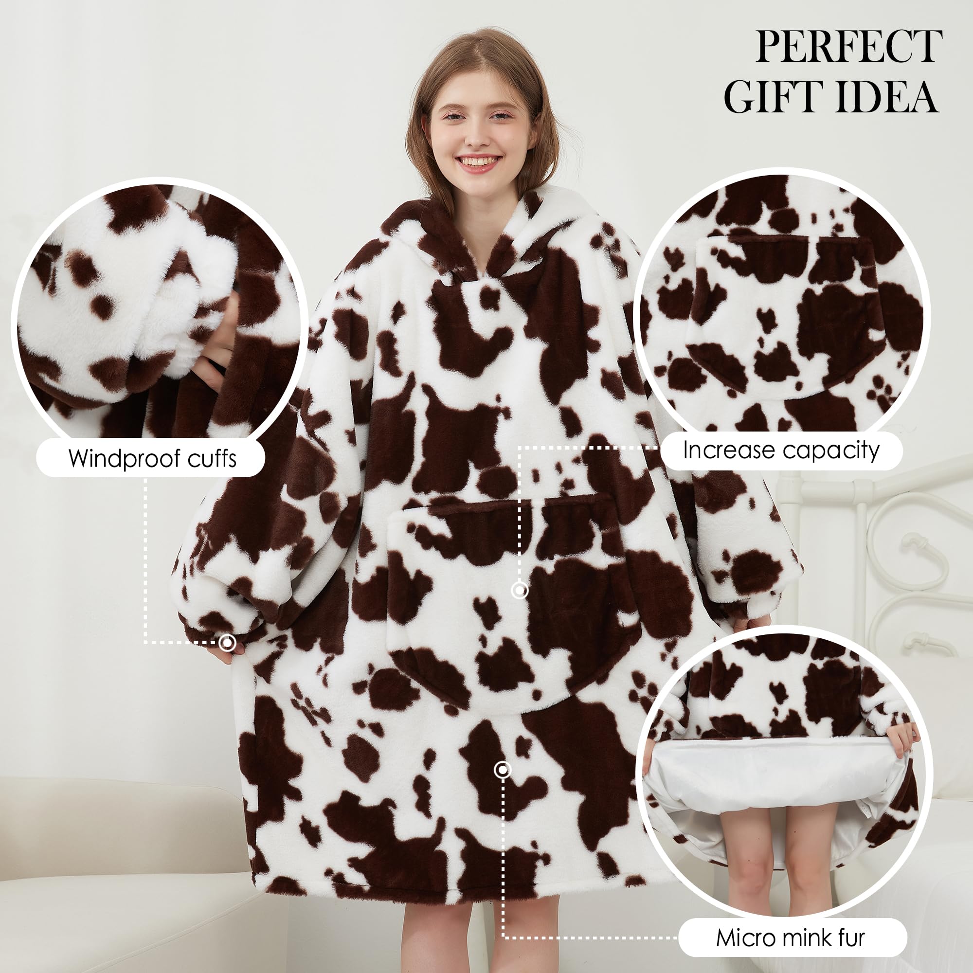 Viviland Felpa con cappuccio oversize super morbida, calda e confortevole, pullover gigante con grande tasca frontale, regalo per donne, uomini, adolescenti, stampa mucca