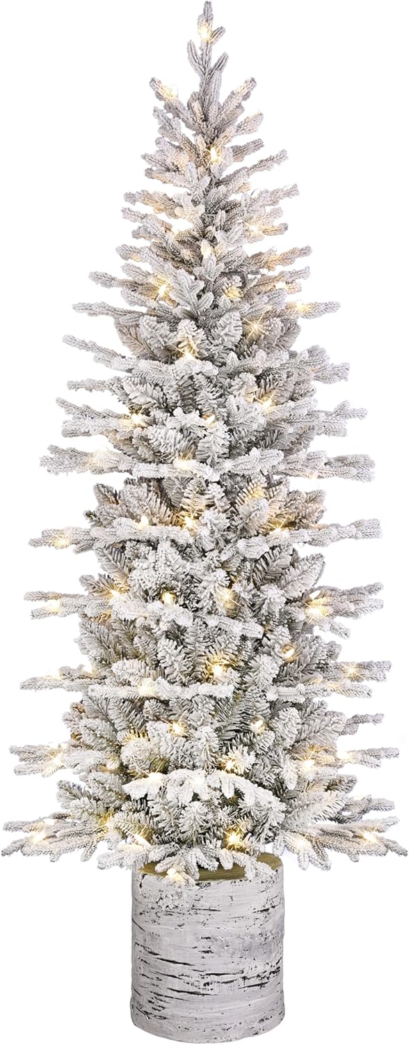 Puleo International 6ft Pre-Lit Potted Flocked Arctic Fir Pencil Christmas Tree with 120 Warm White Lights, 1325 Realistic Dense Snow Flocked Branch Tips, Easy Setup Artificial Trees with Sturdy Stand 6' Flocked Arctic Fir 120 Clear Lights