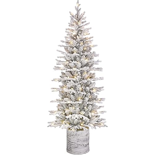 Puleo International 6ft Pre-Lit Potted Flocked Arctic Fir Pencil Christmas Tree with 120 Warm White Lights, 1325 Realistic Dense Branch Tips, Easy Setup Artificial Trees with Sturdy Metal Stand