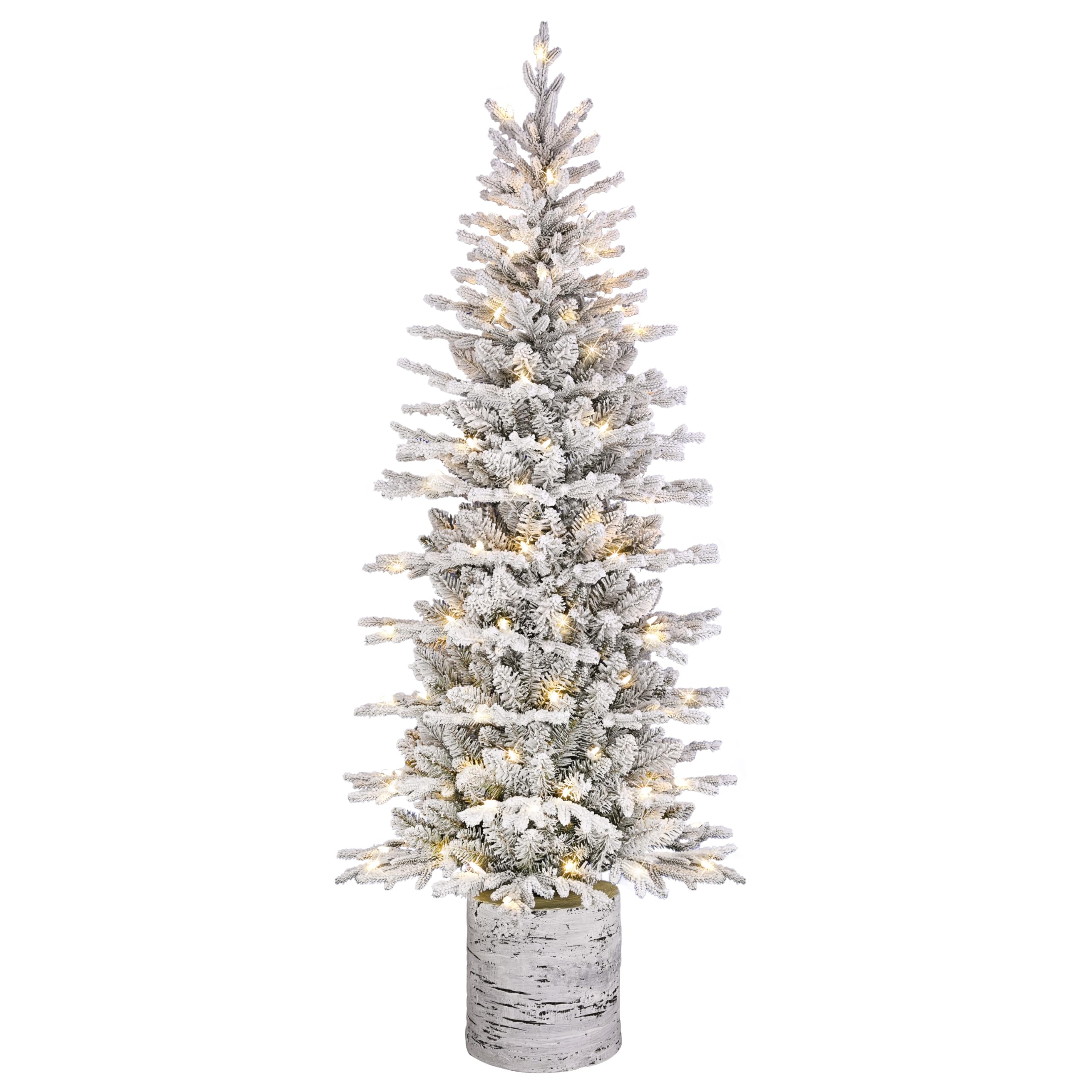 Puleo International 6ft Pre-Lit Potted Flocked Arctic Fir Pencil Christmas Tree with 120 Warm White Lights, 1325 Realistic Dense Branch Tips, Easy Setup Artificial Trees with Sturdy Metal Stand