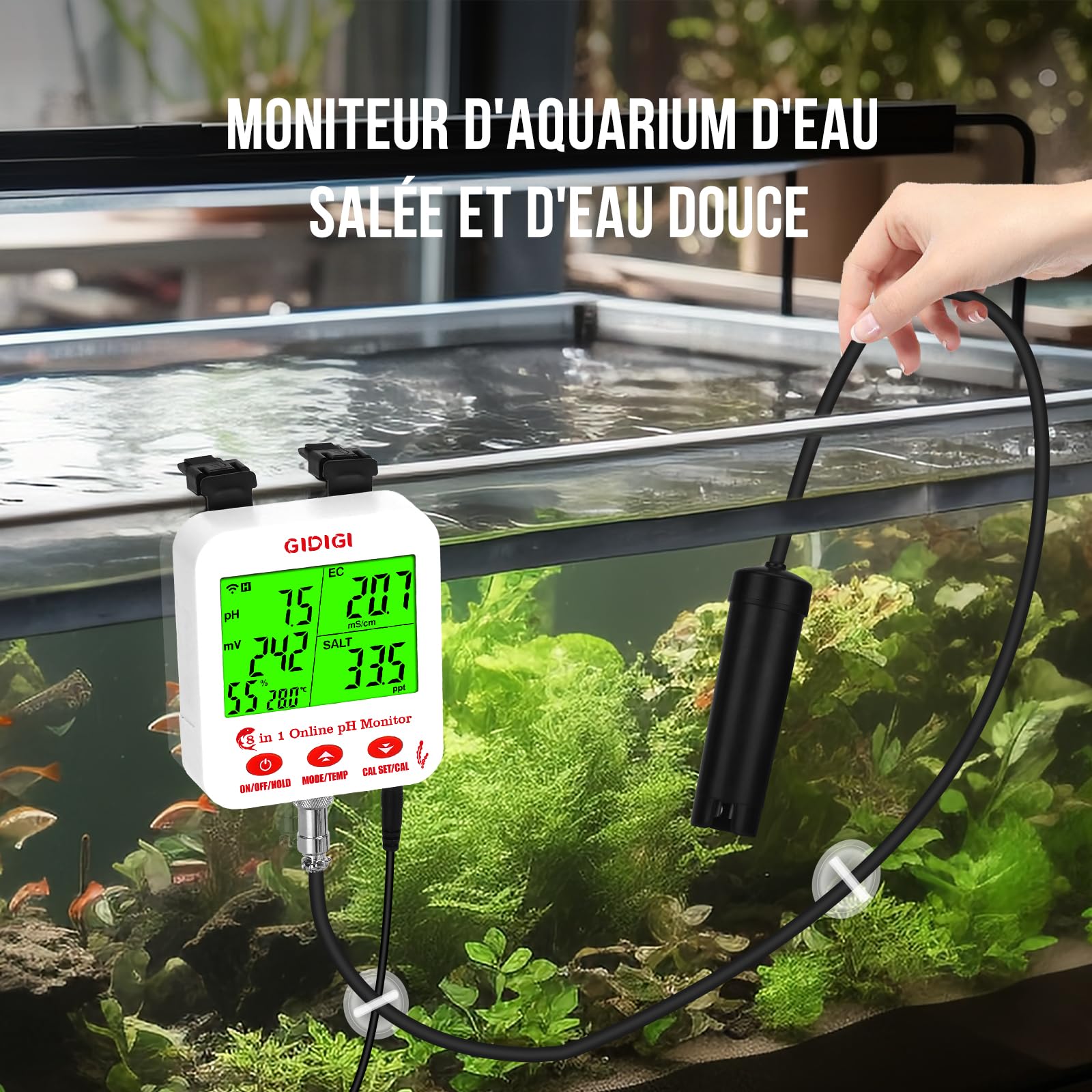 Moniteur de pH, EC et ppm pour l'eau, testeur de pH Wi-Fi pour hydroponique | 8 en 1 pour Aquarim,Surveillance continue du pH, ppm et EC du réservoir d'eau aéroponique DWC, surveillance 24 h/24 via Tuya