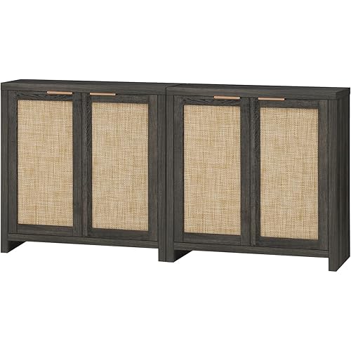 Hampstead Storage Sideboard Cabinet with Rattan Doors and Adjustable Shelves, Buffet Kitchen Cabinet Cupboard Console for Living Room, Set of 2