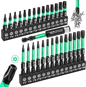 Torx Bit Set 29pcs Impact Driver Bit Set, S2 Steel Torx Screwdriver Sets, Tamper Proof Star Bits Sets, Star Screwdriver 1"&2" Long (T7-T40) Torque Security Bits with Magnetic Bit Holder
