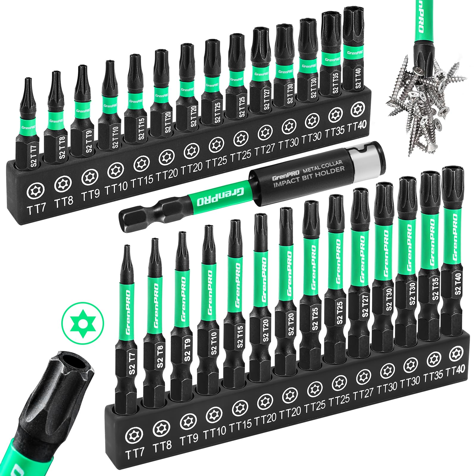 Torx Bit Set 29pcs Impact Driver Bit Set, S2 Steel Torx Screwdriver Sets, Tamper Proof Star Bits Sets, Star Screwdriver 1"&2" Long (T7-T40) Torque Security Bits with Magnetic Bit Holder