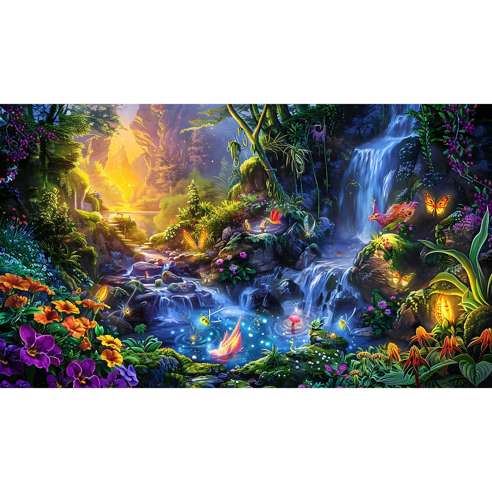 Waterfall Aquarium Background Fantasy Garden Flowers Fireflies Fish Tank Background Misty Glen Valley Wonderland Reptile Tank Backgrounds Fairies Magical Lights Tranquil Pond Tank Backgrounds 24x12in