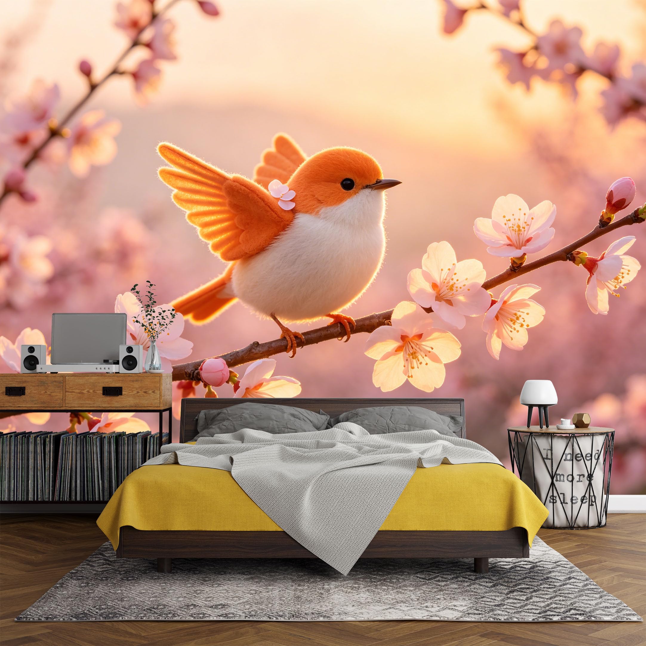 Custom Size Wall Mural Botanical Cherry Blossom Spring Bird Watercolor Art，SelfAdhesive Art Prints wall Fabric(No PVC) Removable Wallpaper Living Room Decor Bedroom Wall Art
