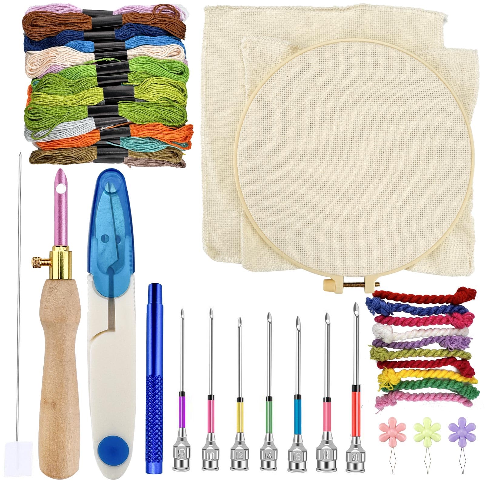 Fatiya 37 Pieces Adjustable Punch Needle Tool Kit, Punch Embroidery Set With Metal Handle, Needle Head, Threader, Fabric, Hoop, Scissors & Thread, Handmade Diy Stitching Kit For Adults Punching