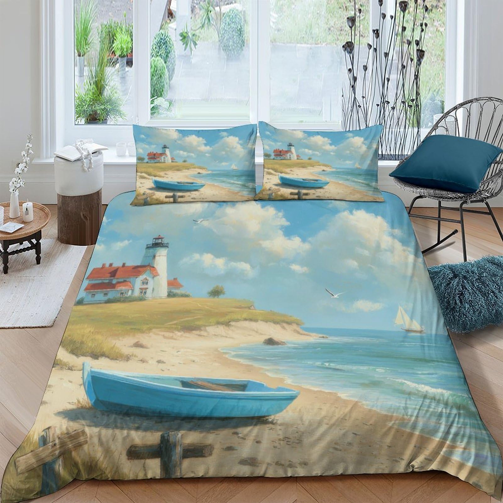 TUFRTGYHN 3D Printed Seaside Lighthouse Duvet Cover Microfiber Soft Breathable Beach Boat Bedding Set with 2 Pillowcases for Bedroom Decor Single（135x200cm）