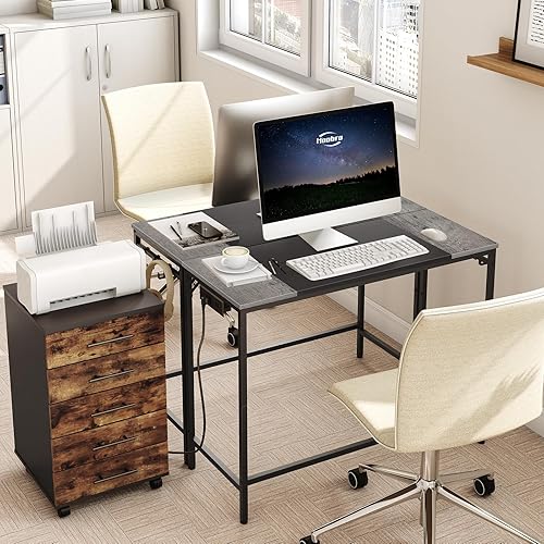 Miniatura 5 de HOOBRO Escritorio para computadora, escritorio de oficina en casa con toma de corriente, moderno escritorio de estudio con 3 ganchos para sala de