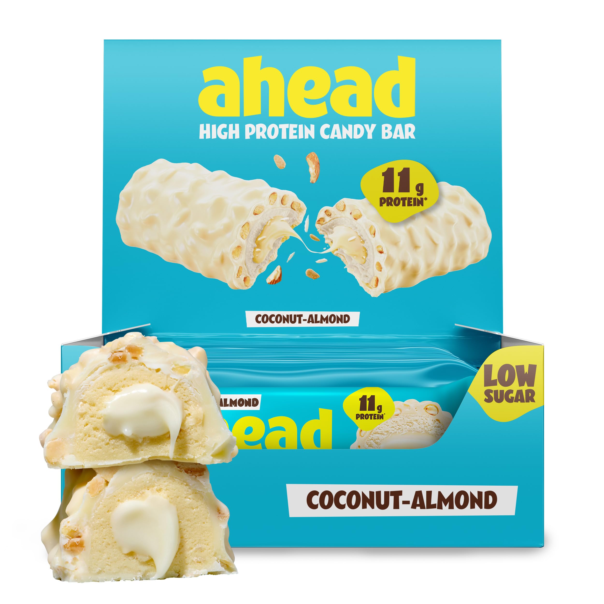 ahead Protein Riegel | Coconut Almond | 14x 45g Extra softer Protein Riegel mit cremigem Kern | Low Carb Eiweißriegel ohne Zuckerzusatz & ohne Palmöl